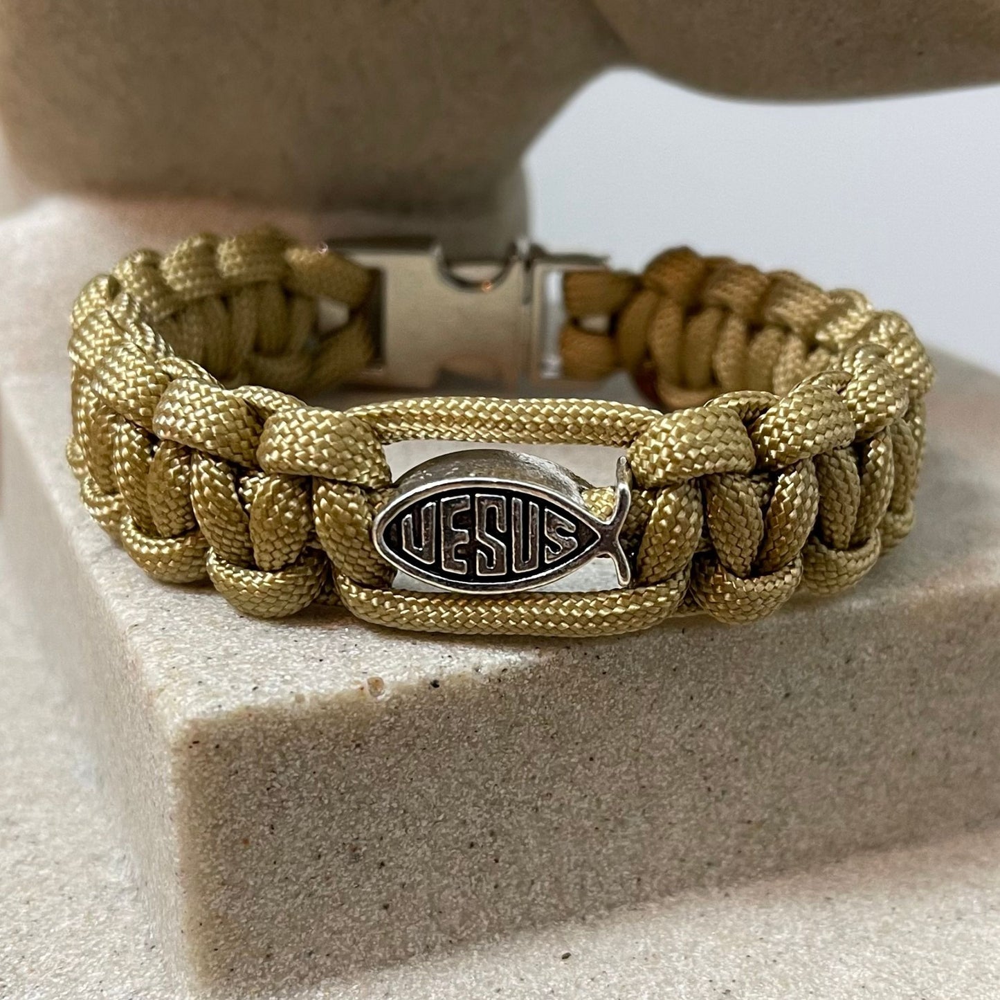 Paracord Bracelet - Cobra Style - Tan - Metal Jesus Fish Bead