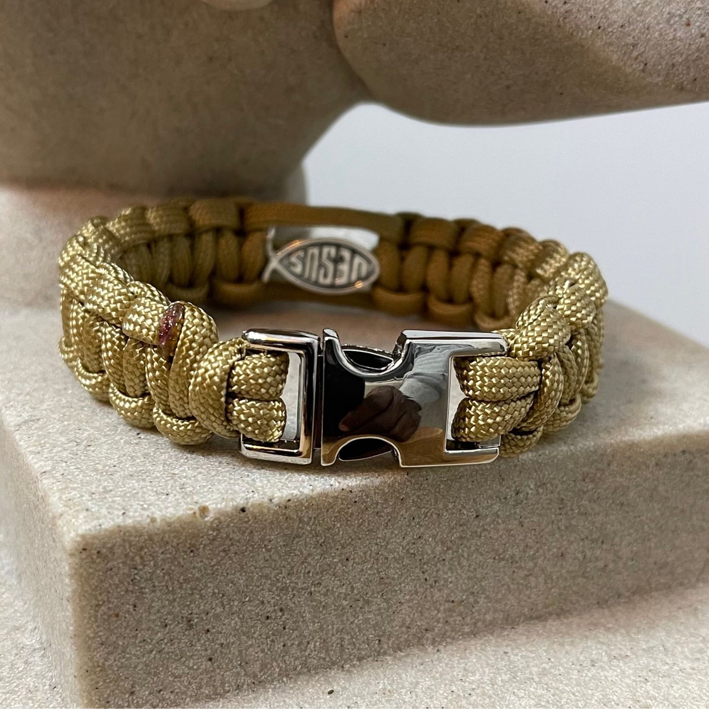 Paracord Bracelet - Cobra Style - Tan - Metal Jesus Fish Bead