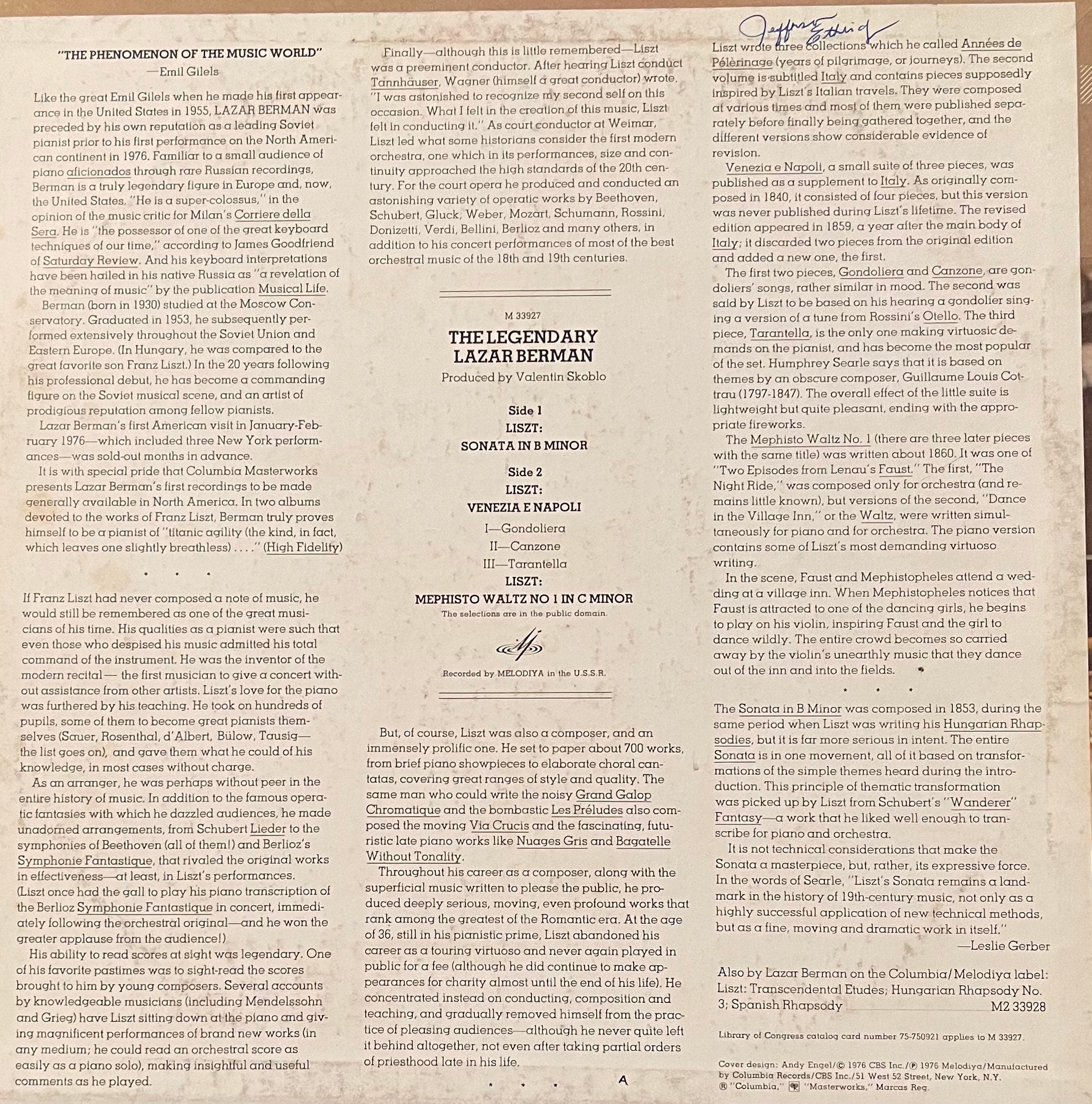 Vintage Vinyl - Lazar Berman - The Legendary Lazar Berman Plays Liszt - Classical - 1976 - VG+