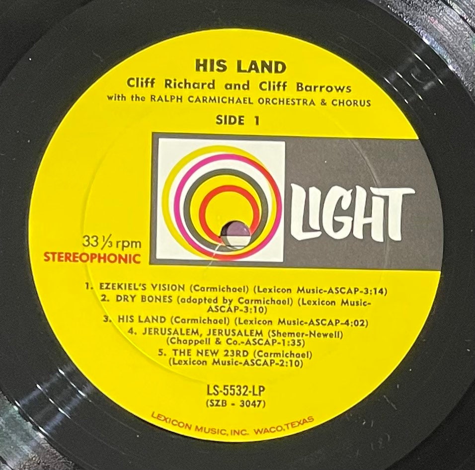 Vintage Vinyl - Cliff Richard and Ralph Carmichael –His Land - Religious – 1970 - Light Records - Stereo LS-5532-LP - VG+ / Vinyl Album
