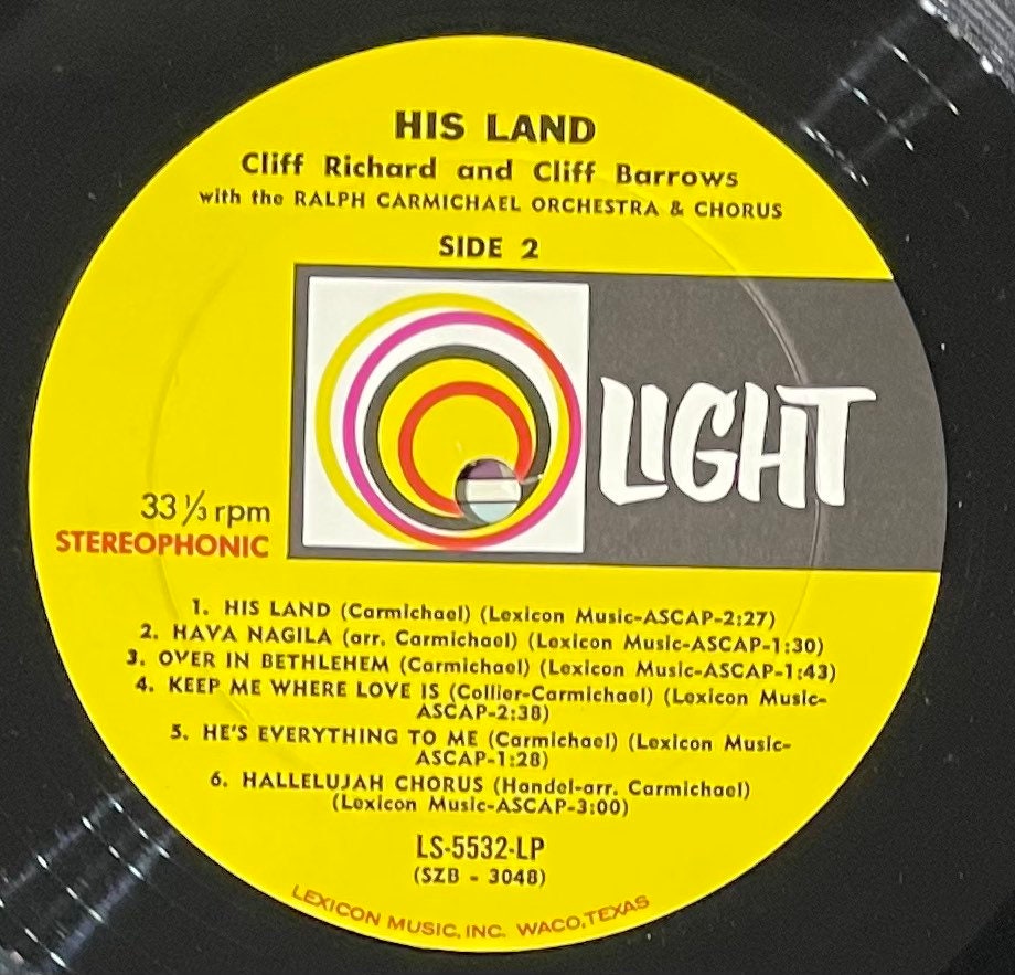 Vintage Vinyl - Cliff Richard and Ralph Carmichael –His Land - Religious – 1970 - Light Records - Stereo LS-5532-LP - VG+ / Vinyl Album