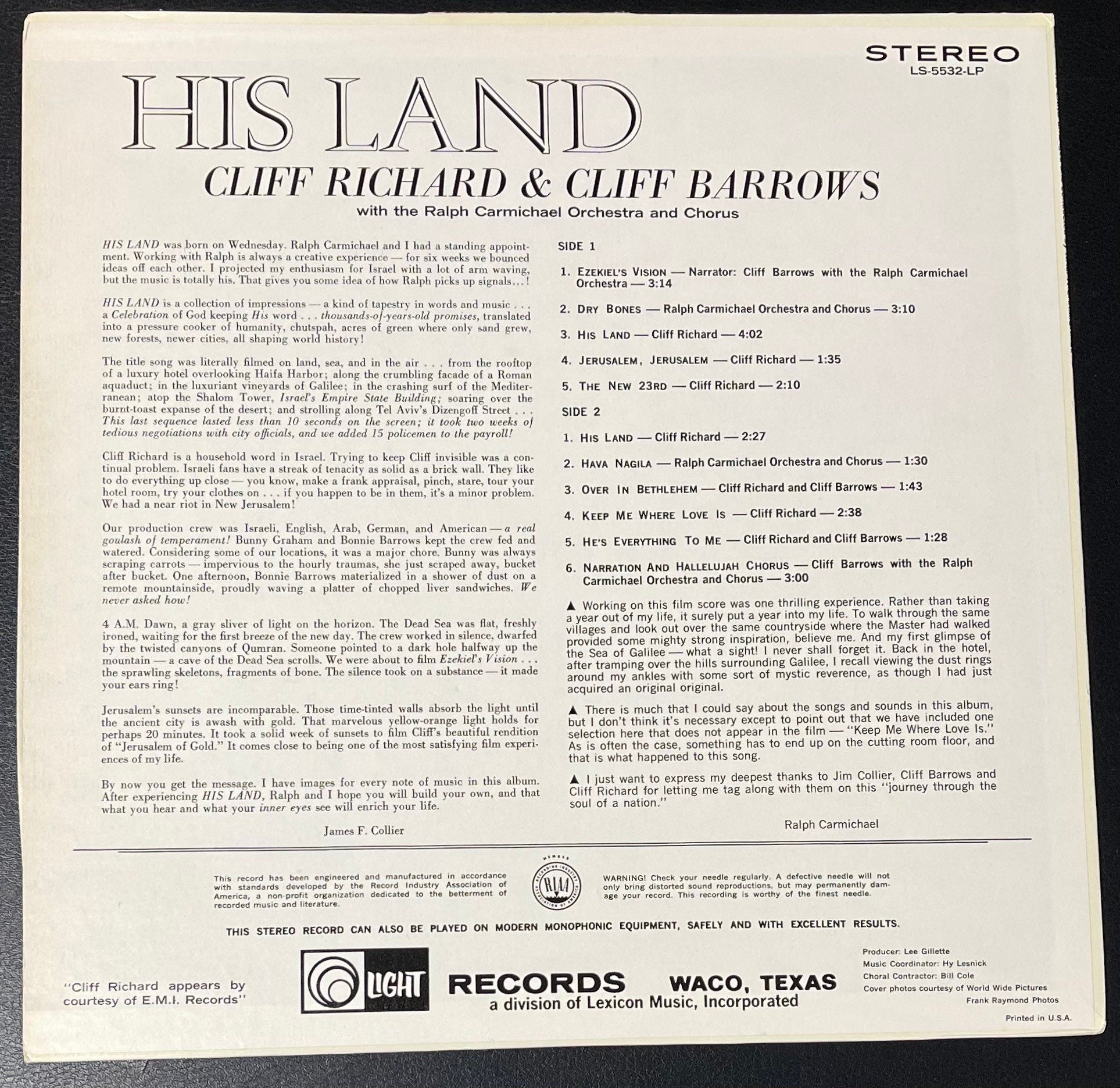 Vintage Vinyl - Cliff Richard and Ralph Carmichael –His Land - Religious – 1970 - Light Records - Stereo LS-5532-LP - VG+ / Vinyl Album