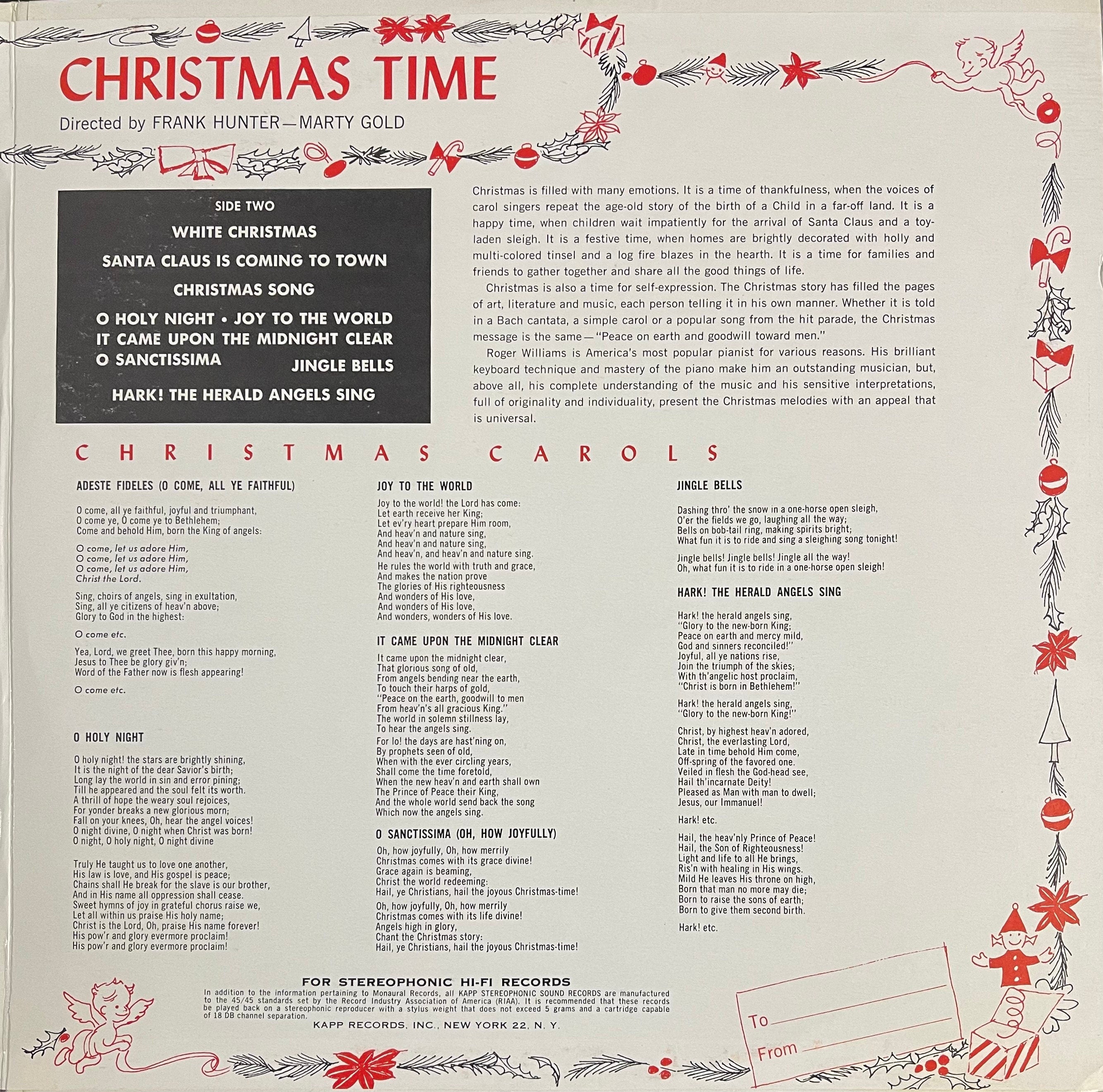 Vintage Vinyl - Roger Williams - Christmas Time - Holiday - 1959 - VG+
