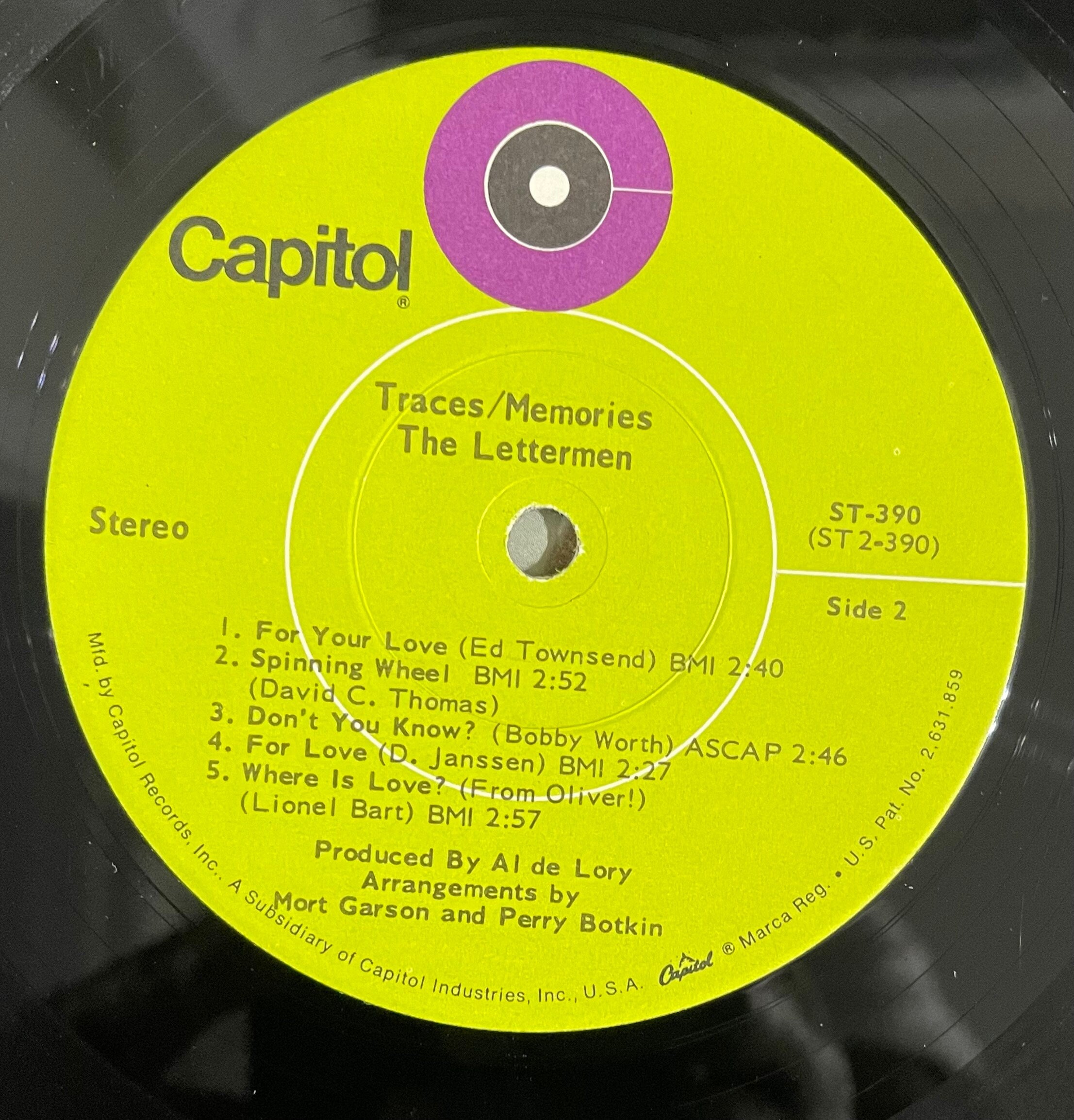 Vintage Vinyl - The Lettermen - Traces/Memories - 1969 - Pop/Vocal - Capitol Records - ST 390 - VG+
