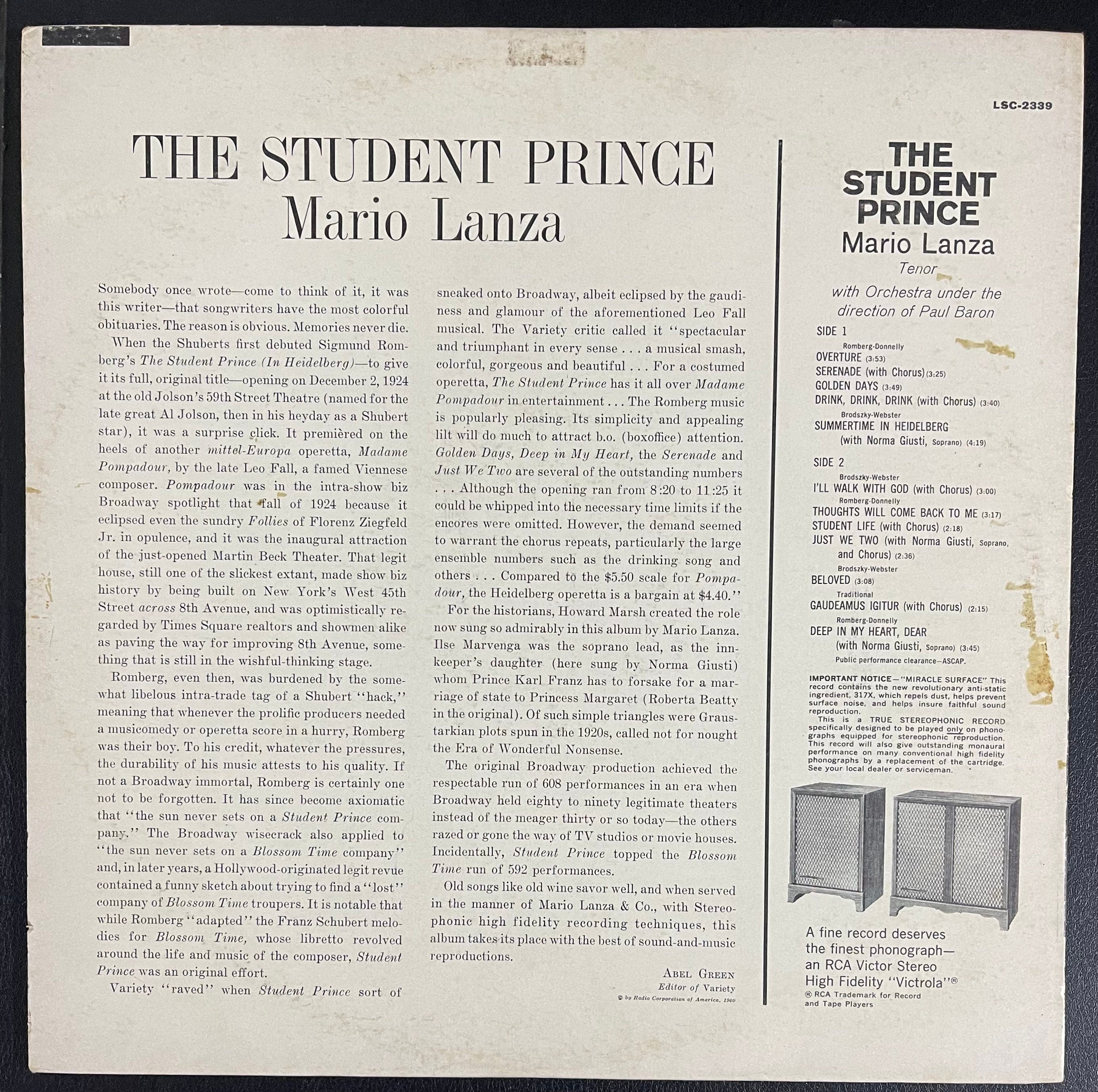 Vintage Vinyl - Mario Lanza - The Student Prince - RCA Victor Red Seal - LSC-2339 - Musical/Stage - VG+