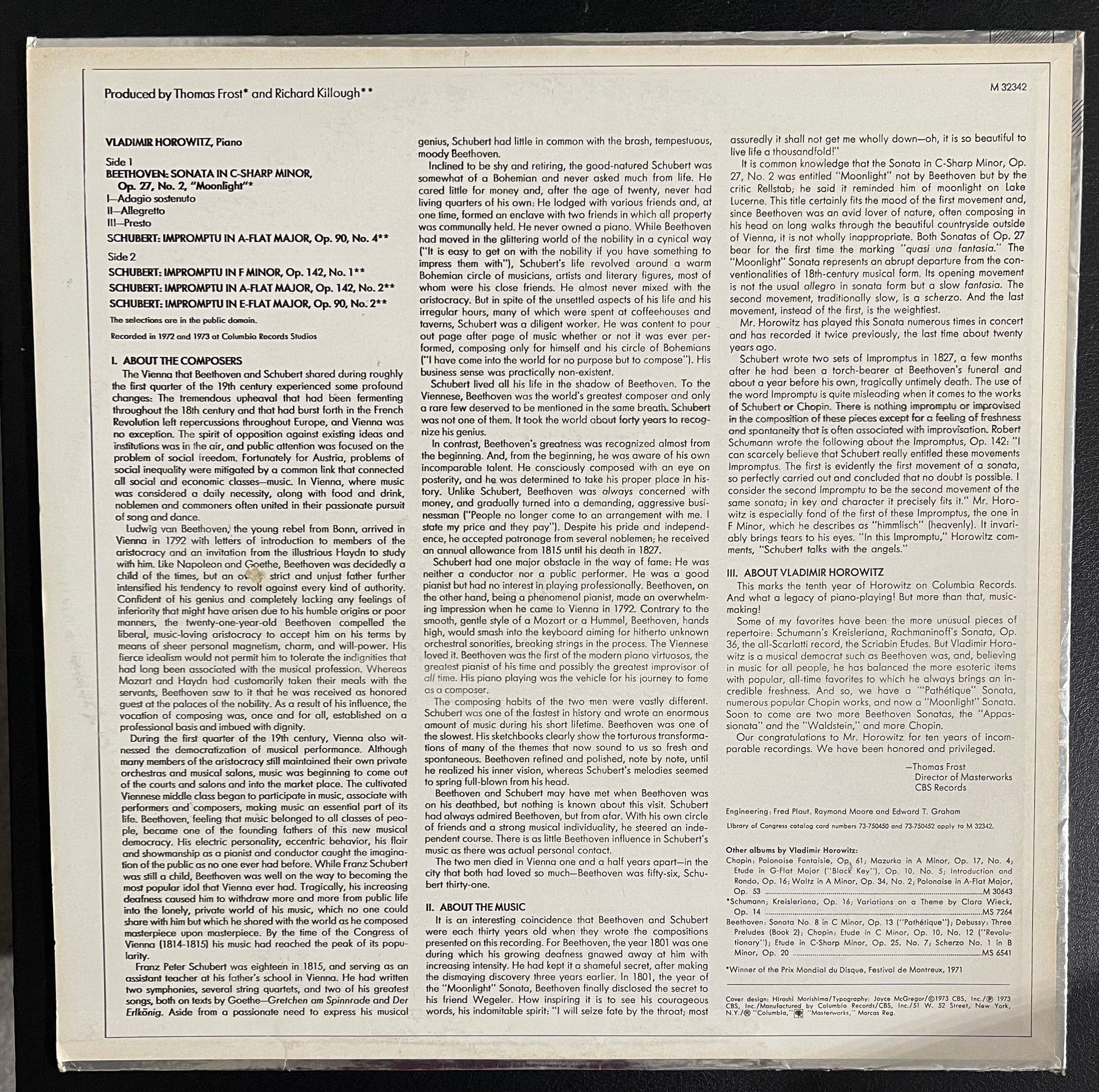 Vintage Vinyl - Horowitz - Beethoven/ Schubert - Moonlight Sonata/ Impromptus - Columbia - M 32342 - 1973 - VG+