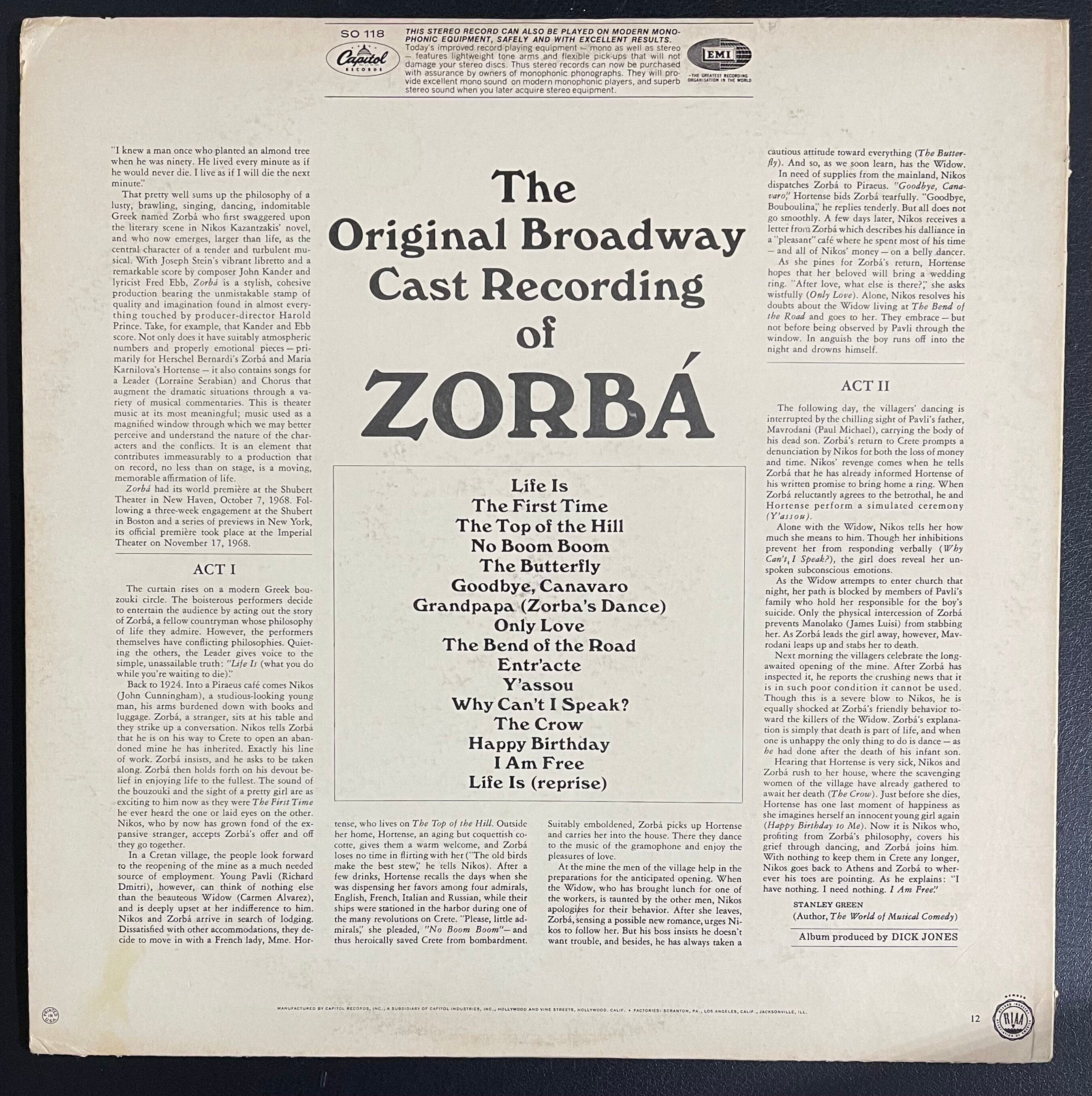 Vintage Vinyl - Herschel Bernardi and Maria Karnilova - Zorba - SO 118 - Musical/Stage - Broadway Cast - VG+