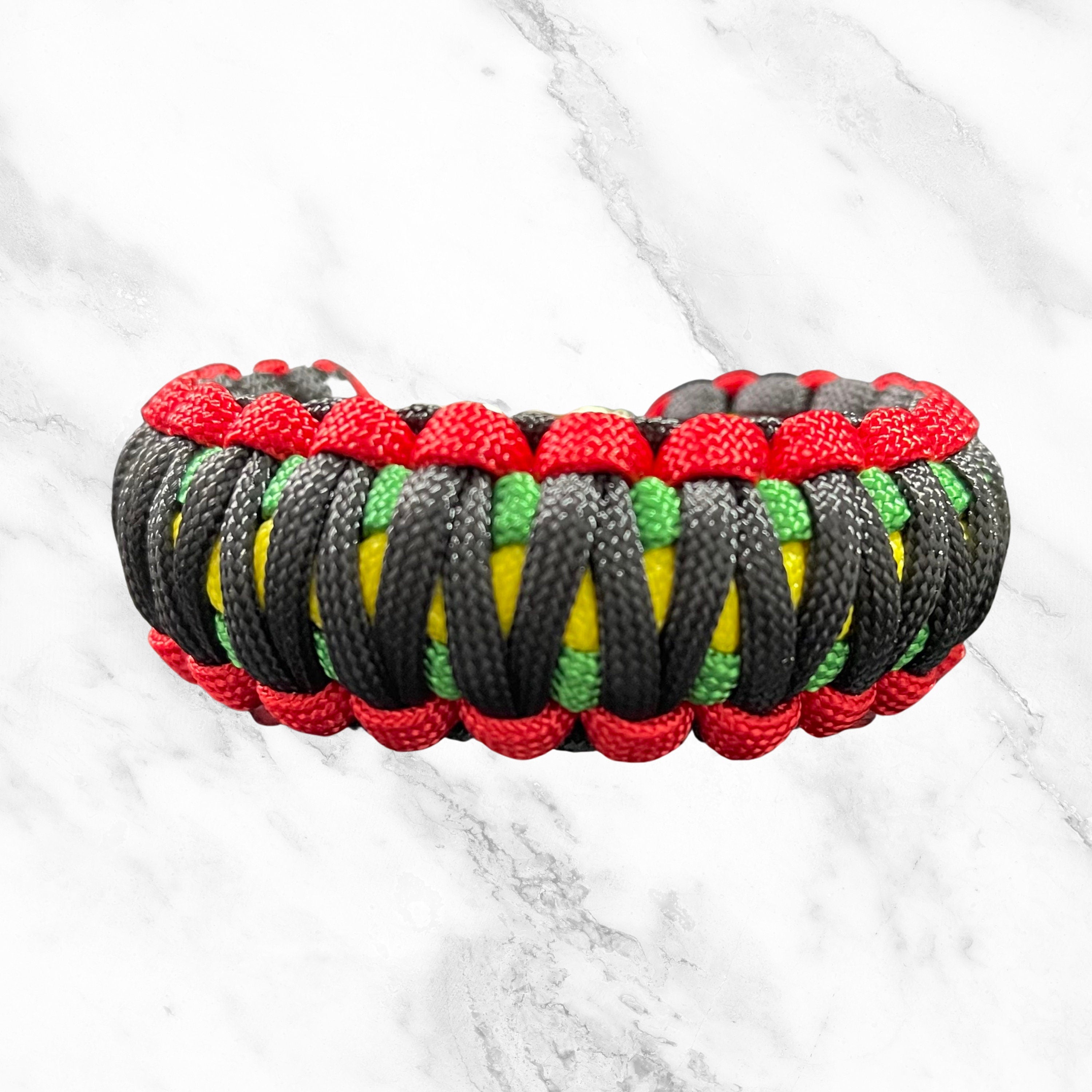 Paracord Bracelet - Black History, Rastafarian, Jamaican, Juneteenth - 550 Paracord Jewelry, 3/8” Metal Bucket, Unisex Gift, Made to Order