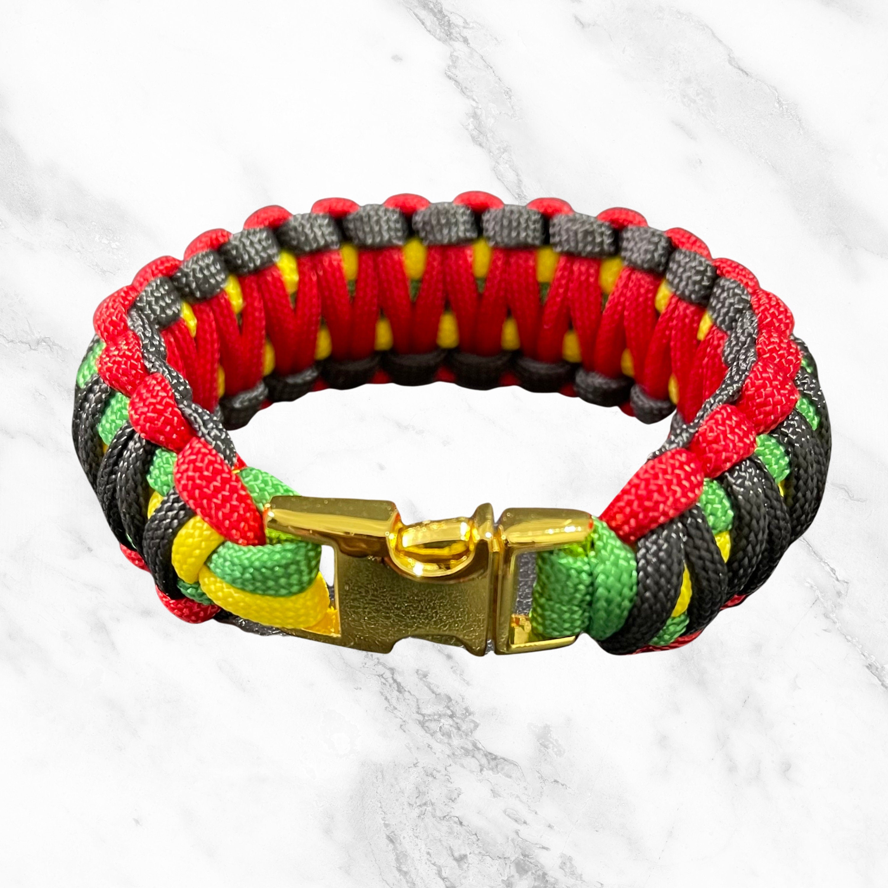 Paracord Bracelet - Black History, Rastafarian, Jamaican, Juneteenth - 550 Paracord Jewelry, 3/8” Metal Bucket, Unisex Gift, Made to Order