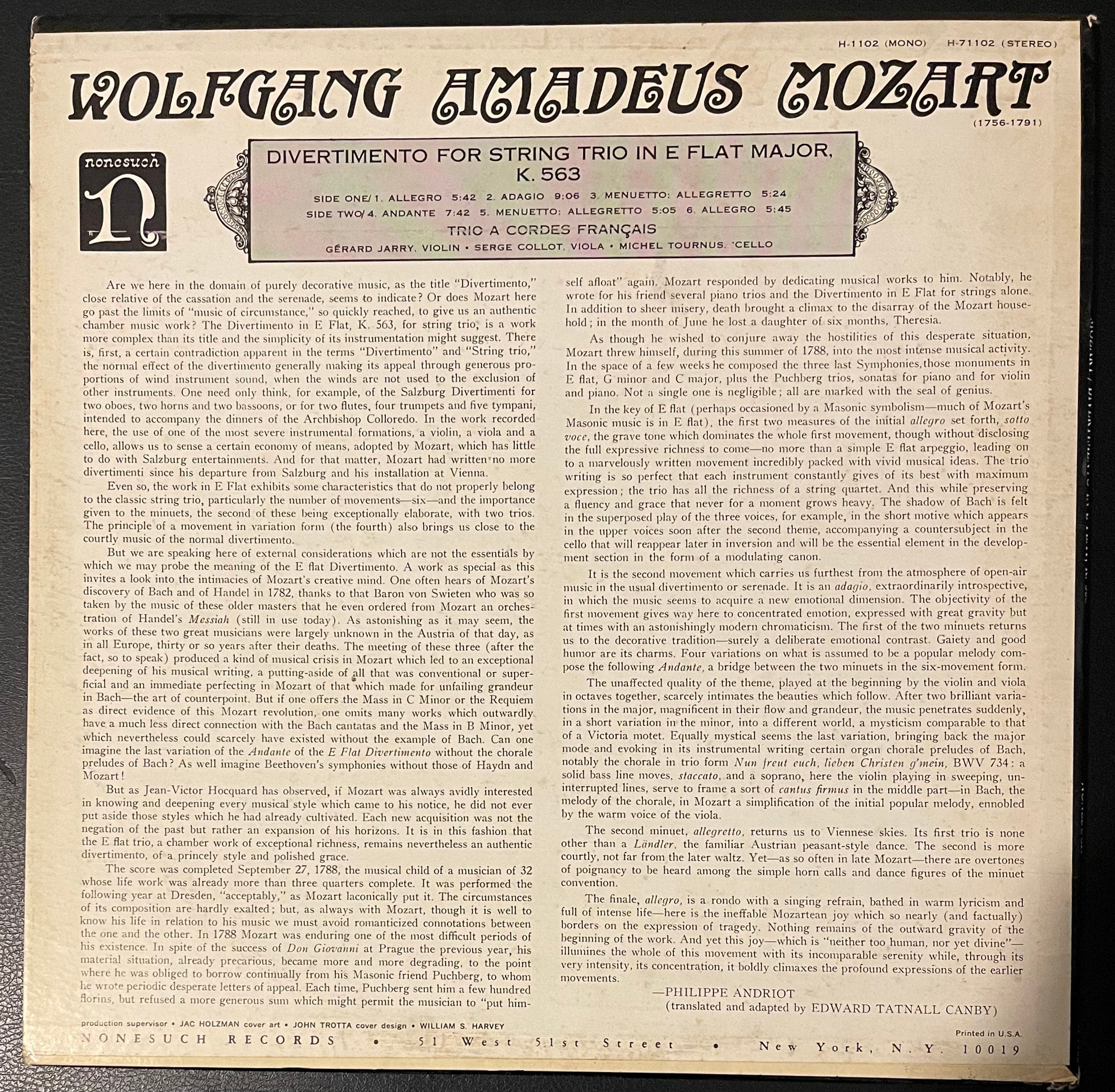 Vintage Vinyl - Wolfgang Amadeus Mozart, Trio A Cordes Francais - H-71102 - Classical - Nonesuch Records - 1966 - VG+