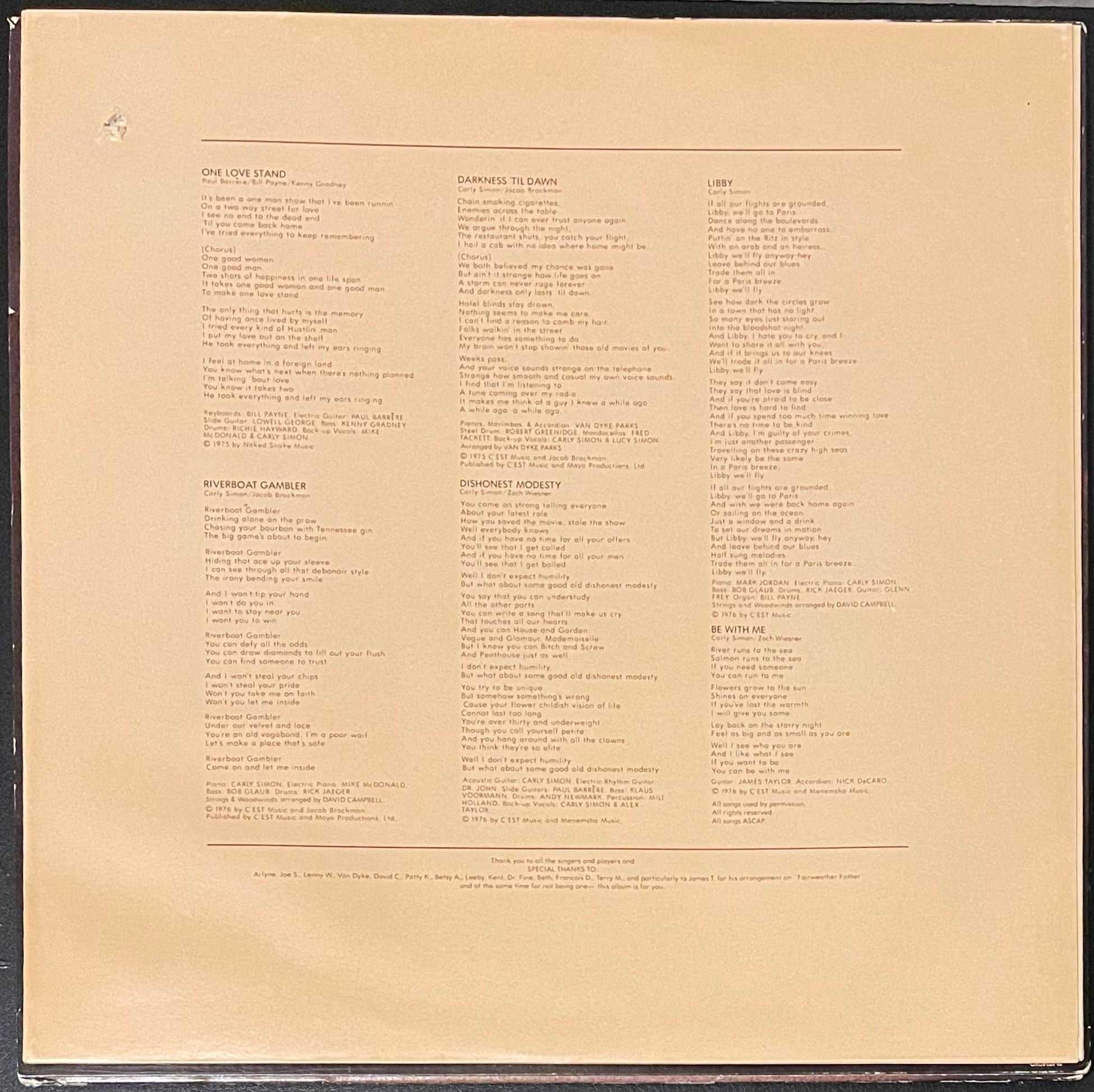 Vintage Vinyl - Carly Simon - Another Passenger - Pop Rock/Soft Rock - Elektra Records - 1976 - VG+