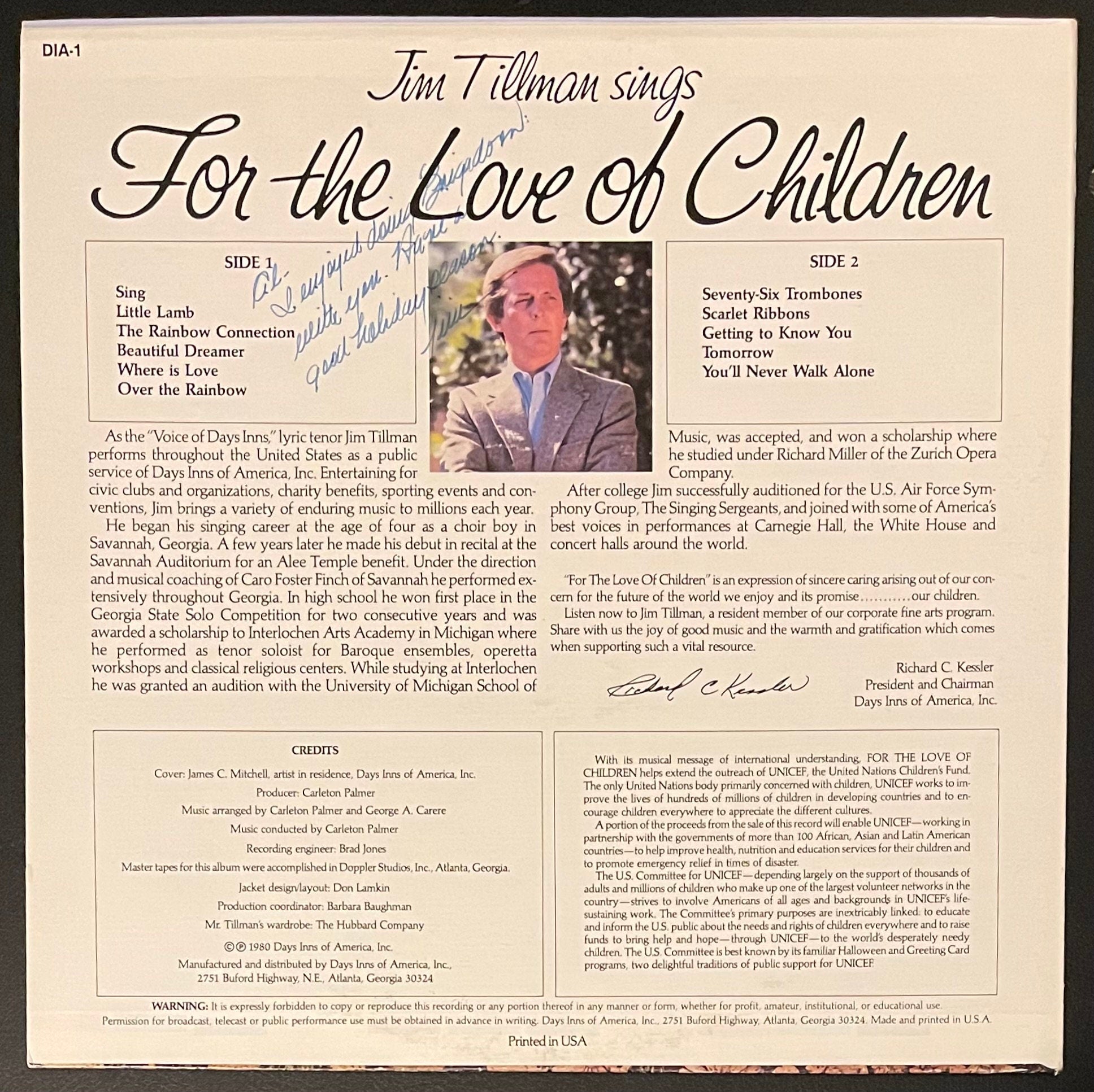 Vintage Vinyl - Jim Tillman - Jim Tillman Sings For The Love of Children - Folk/Country - Days Inns of America, Inc - 1980 - VG+