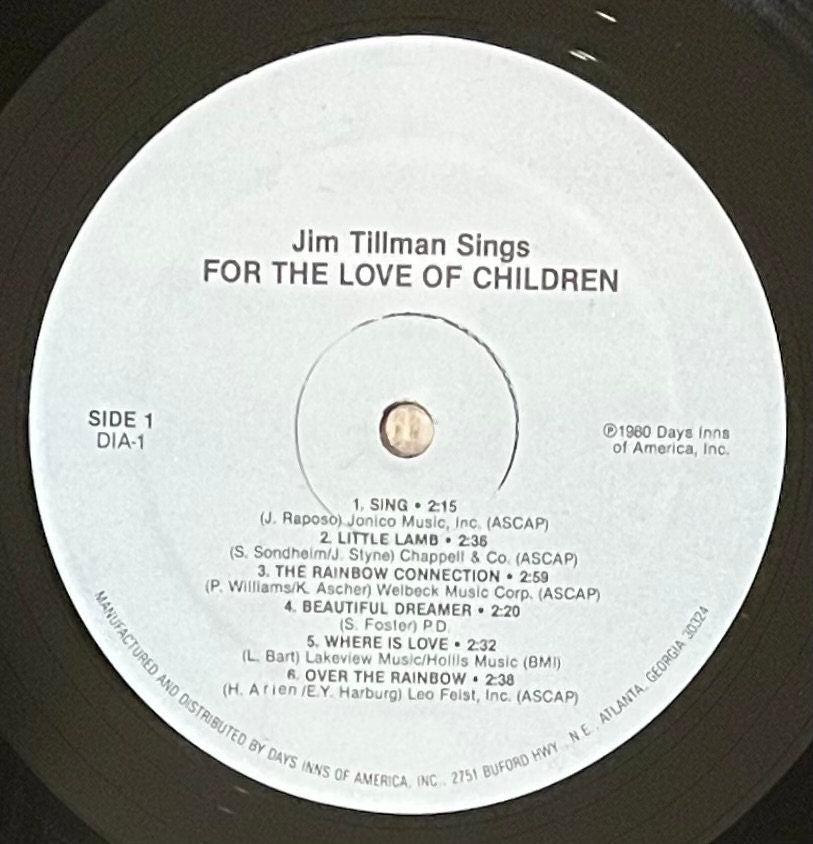 Vintage Vinyl - Jim Tillman - Jim Tillman Sings For The Love of Children - Folk/Country - Days Inns of America, Inc - 1980 - VG+