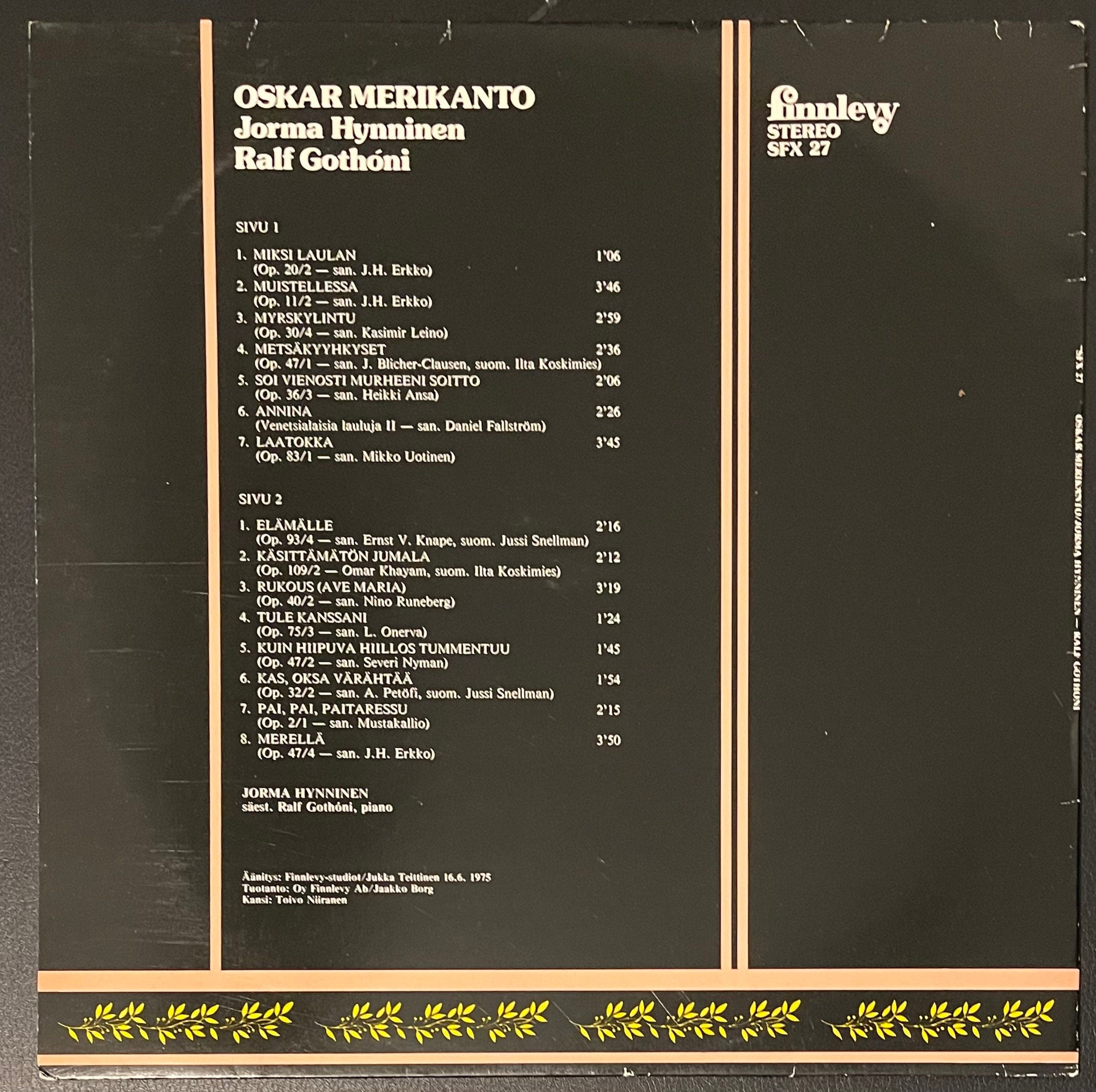 Vintage Vinyl - Jorma Hynninen and Ralf Gothoni - Oskar Merikanto 15 Most Beautiful - Classical/Pop/Opera - Finnlevy Records - 1975 - VG+