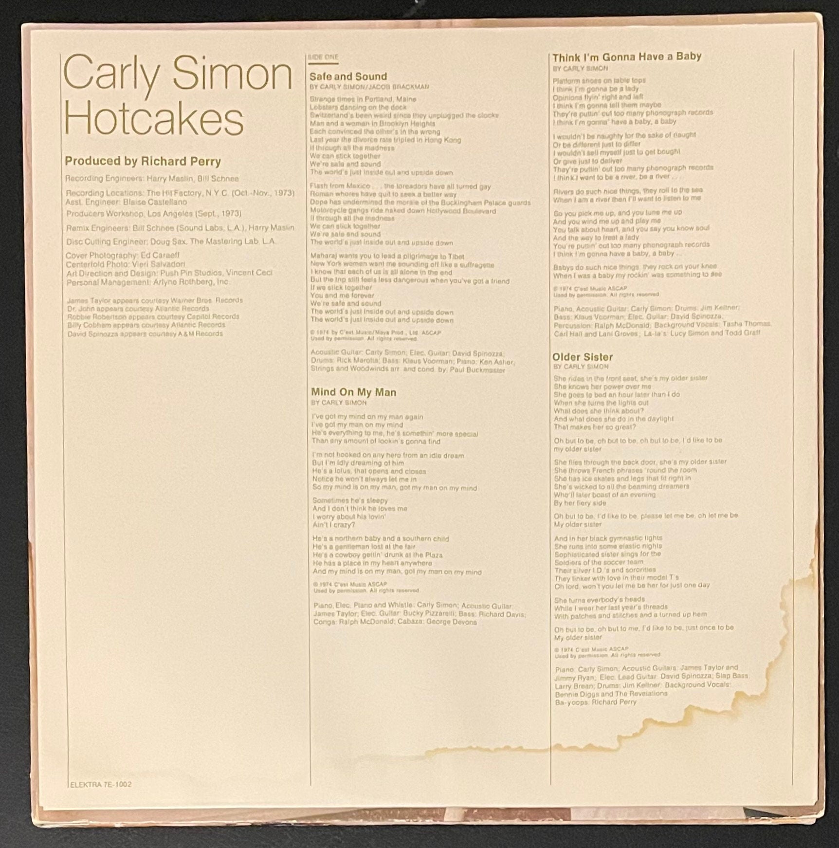 Vintage Vinyl - Carly Simon - Hotcakes - Pop Rock/Soft Rock - Elektra Records - 1974 - VG+