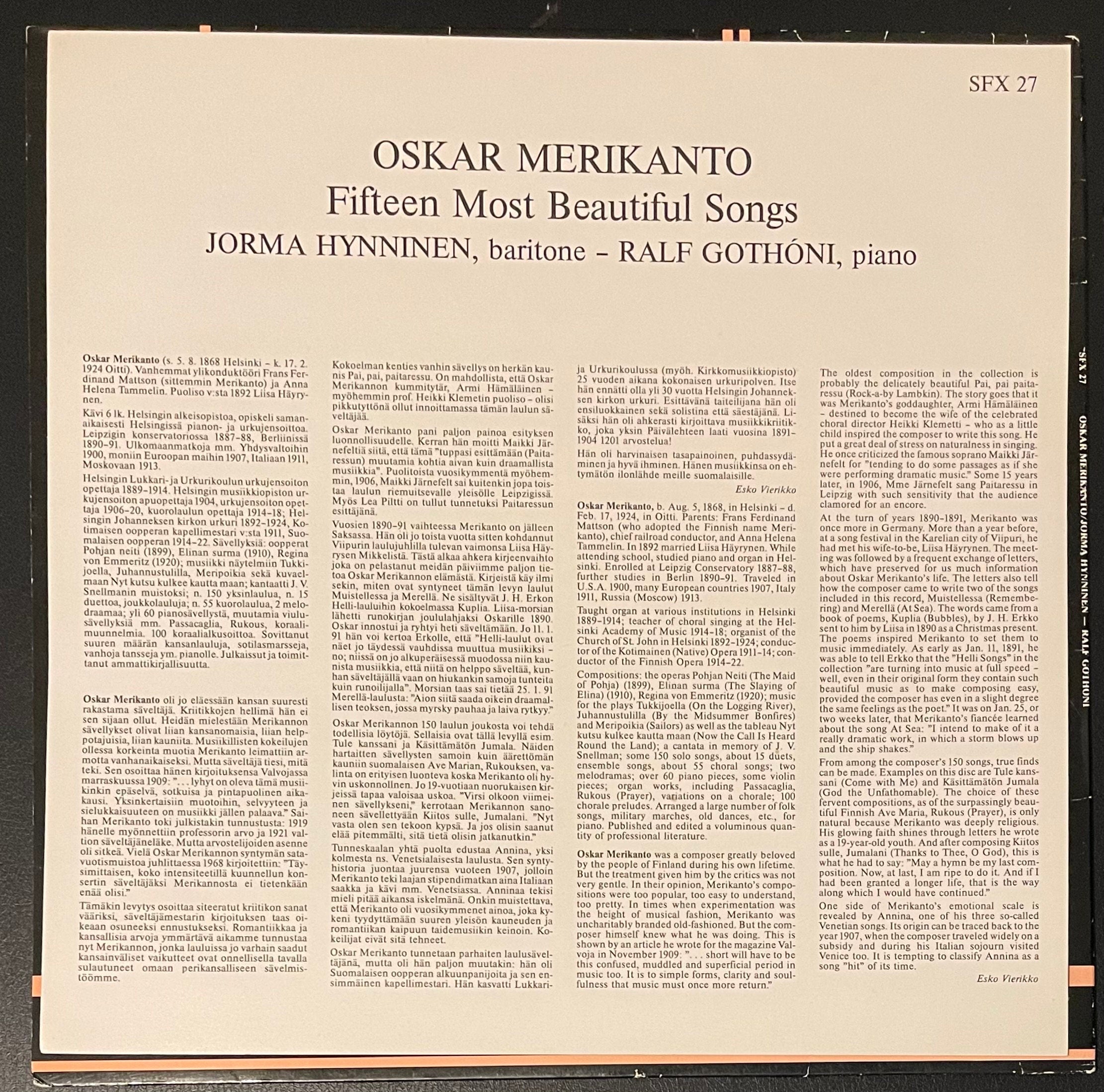 Vintage Vinyl - Jorma Hynninen and Ralf Gothoni - Oskar Merikanto 15 Most Beautiful - Classical/Pop/Opera - Finnlevy Records - 1975 - VG+