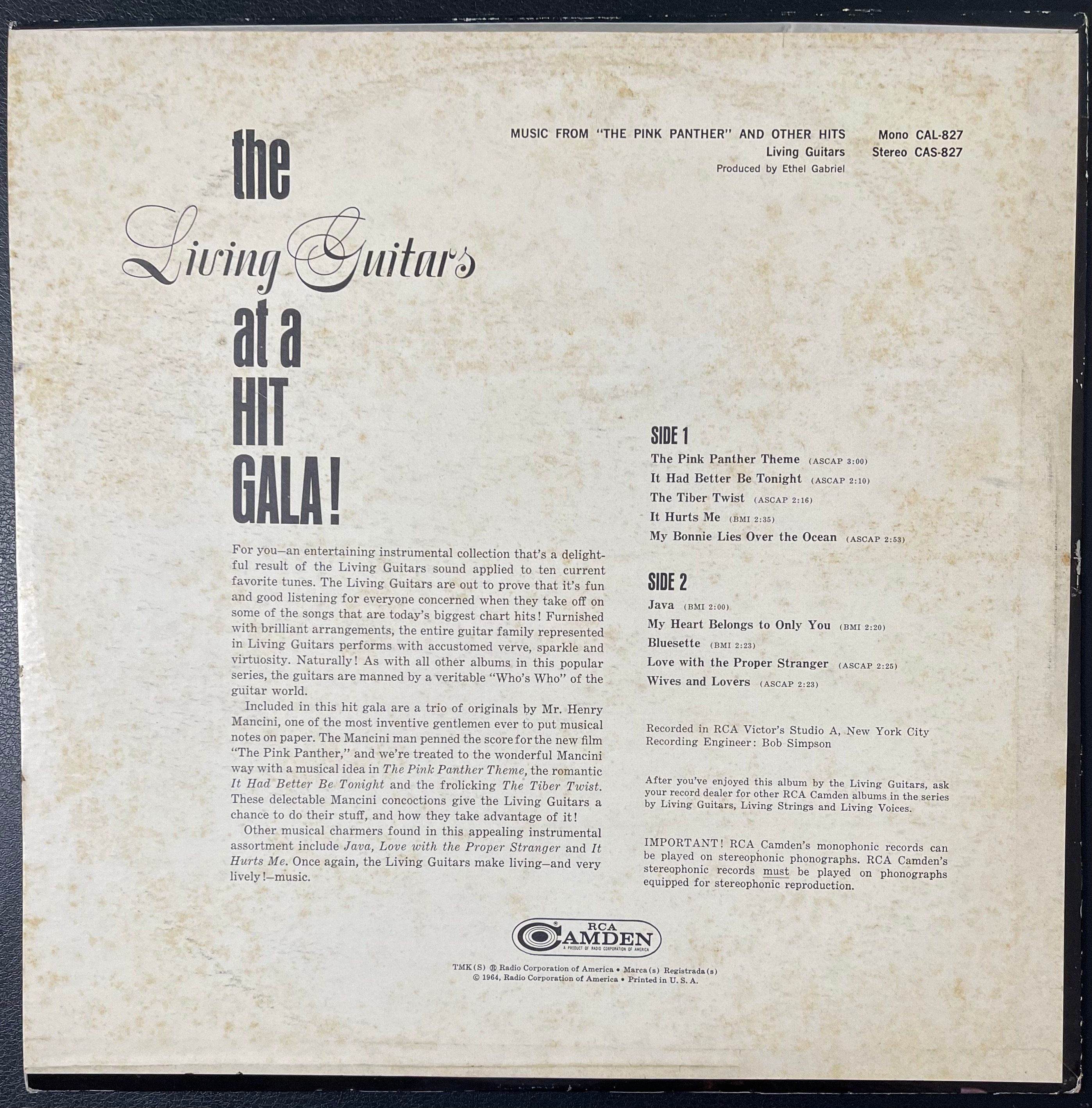 Vintage Vinyl - Living Guitars - Music from The Pink Panther - Pop/Easy Listening/ Stage & Screen - CAS 827 - RCA Records - 1964 - VG+
