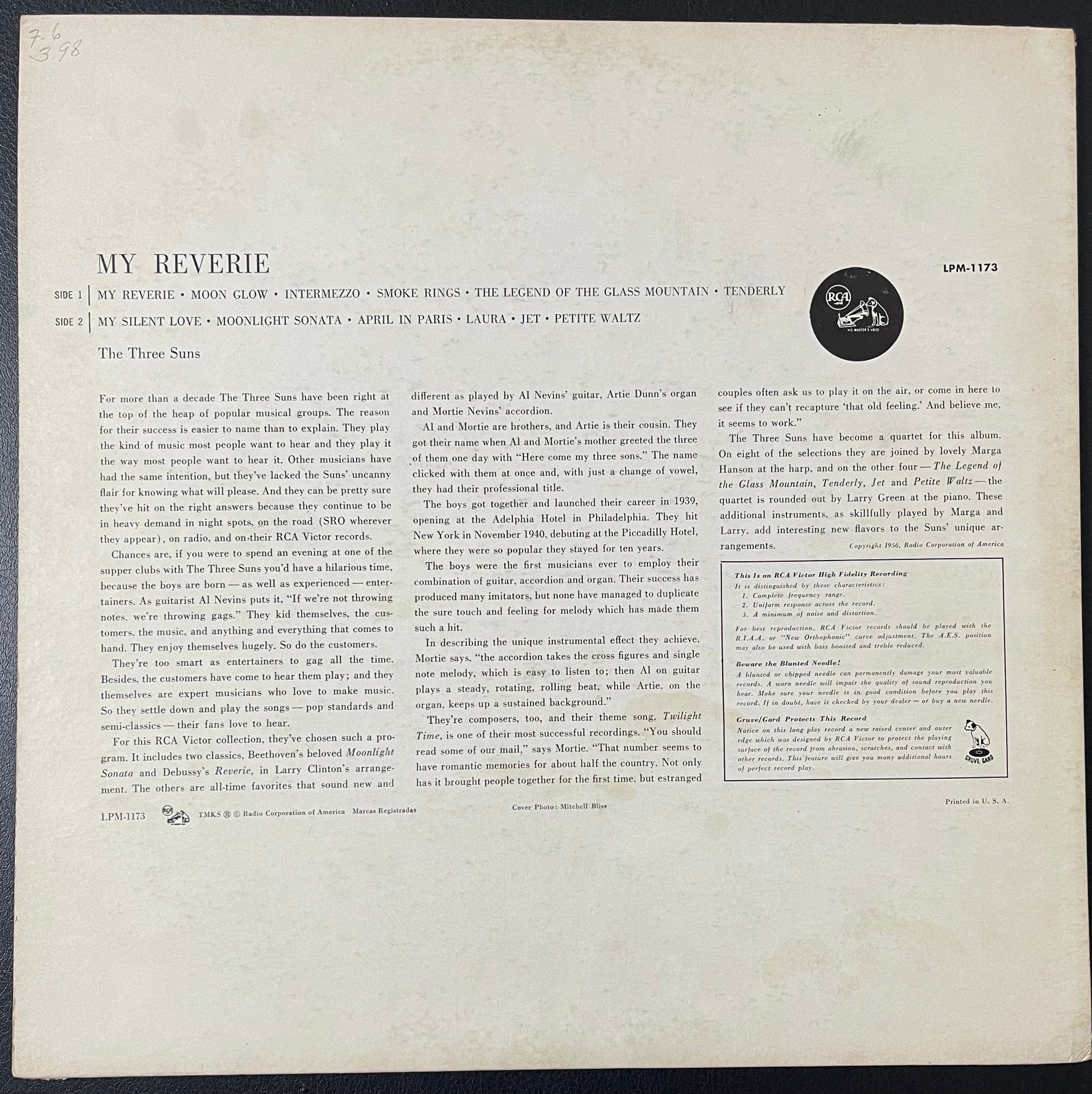 Vintage Vinyl - The Three Suns - My Reverie – RCA Records - LPM 1173 - Easy Listening - Jazz/Pop – 1956 - VG+ / Vinyl Album