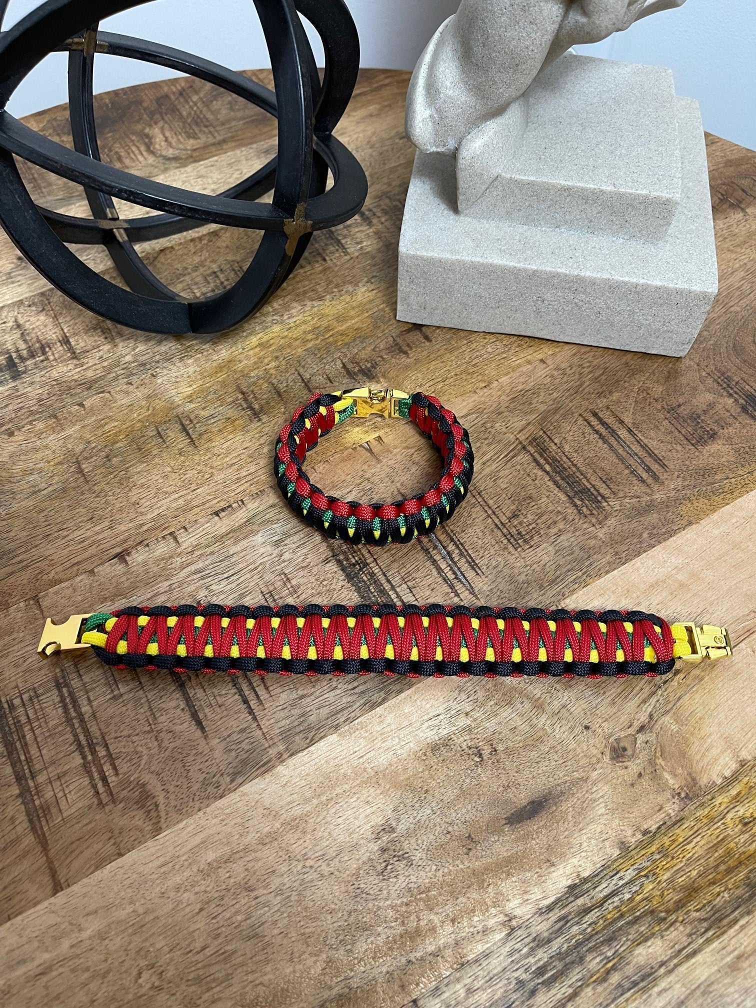 Paracord Bracelet - Black History, Rastafarian, Jamaican, Juneteenth - 550 Paracord Jewelry, 3/8” Metal Bucket, Unisex Gift, Made to Order