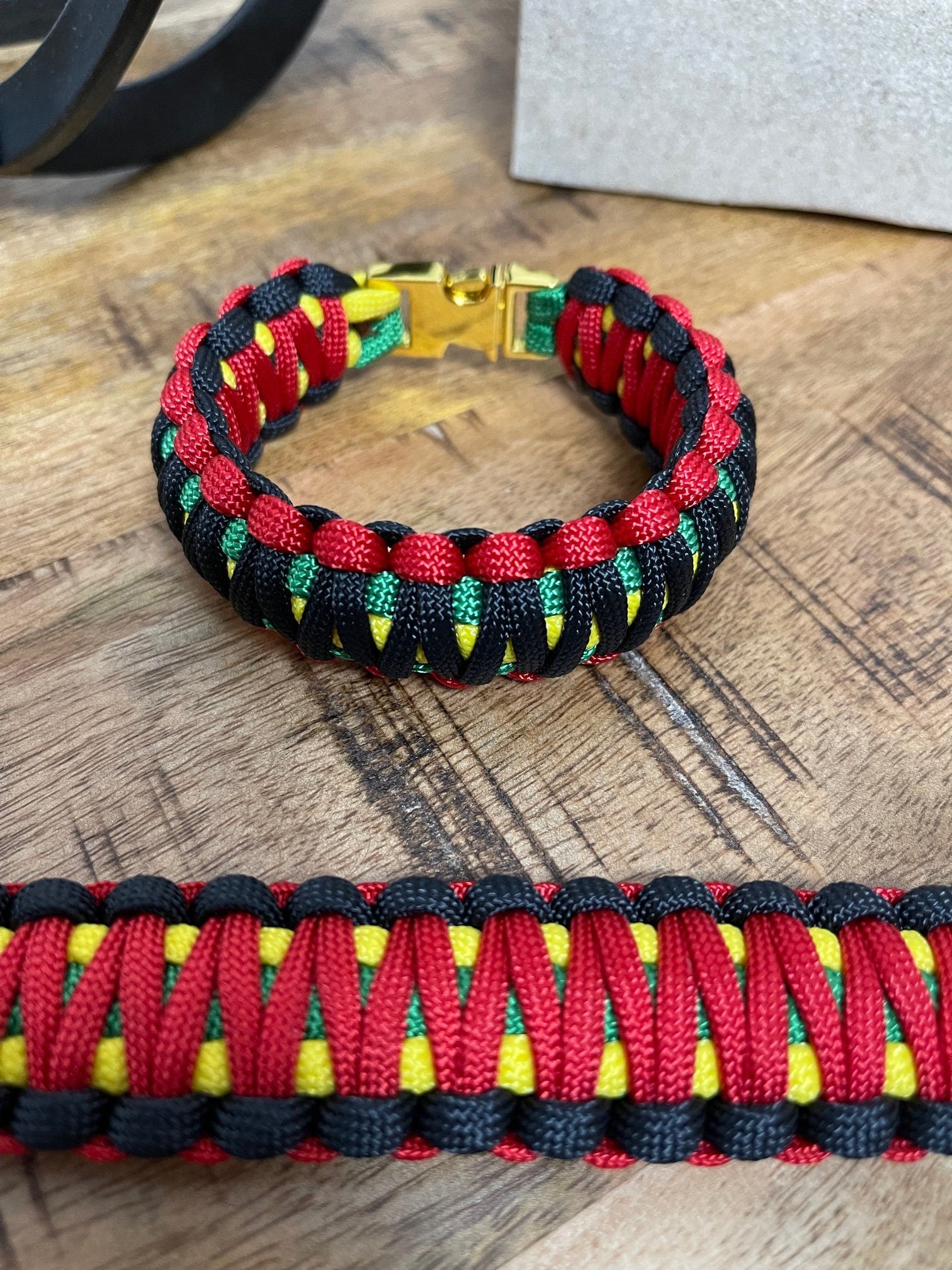 Paracord Bracelet - Black History, Rastafarian, Jamaican, Juneteenth - 550 Paracord Jewelry, 3/8” Metal Bucket, Unisex Gift, Made to Order