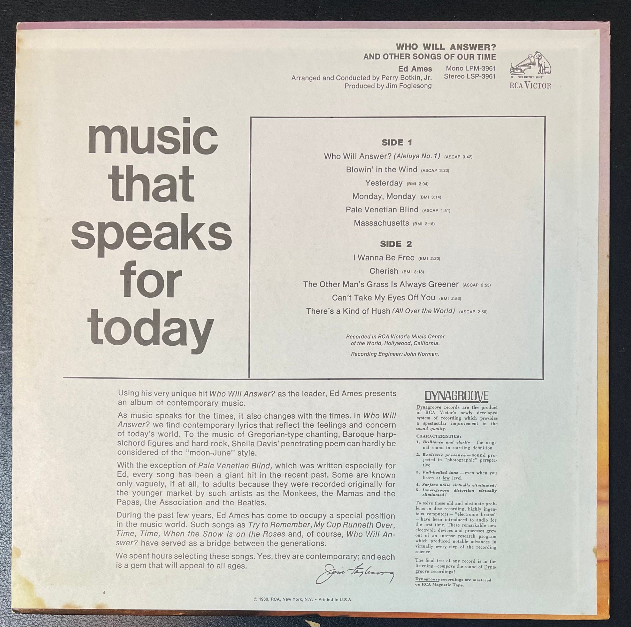 Vintage Vinyl - Ed Ames - Who Will Answer? (And Other Songs Of Our Time)  - Pop/Vocal - LSP 3961 - RCA Victor - 1968 - VG+ Vinyl Album