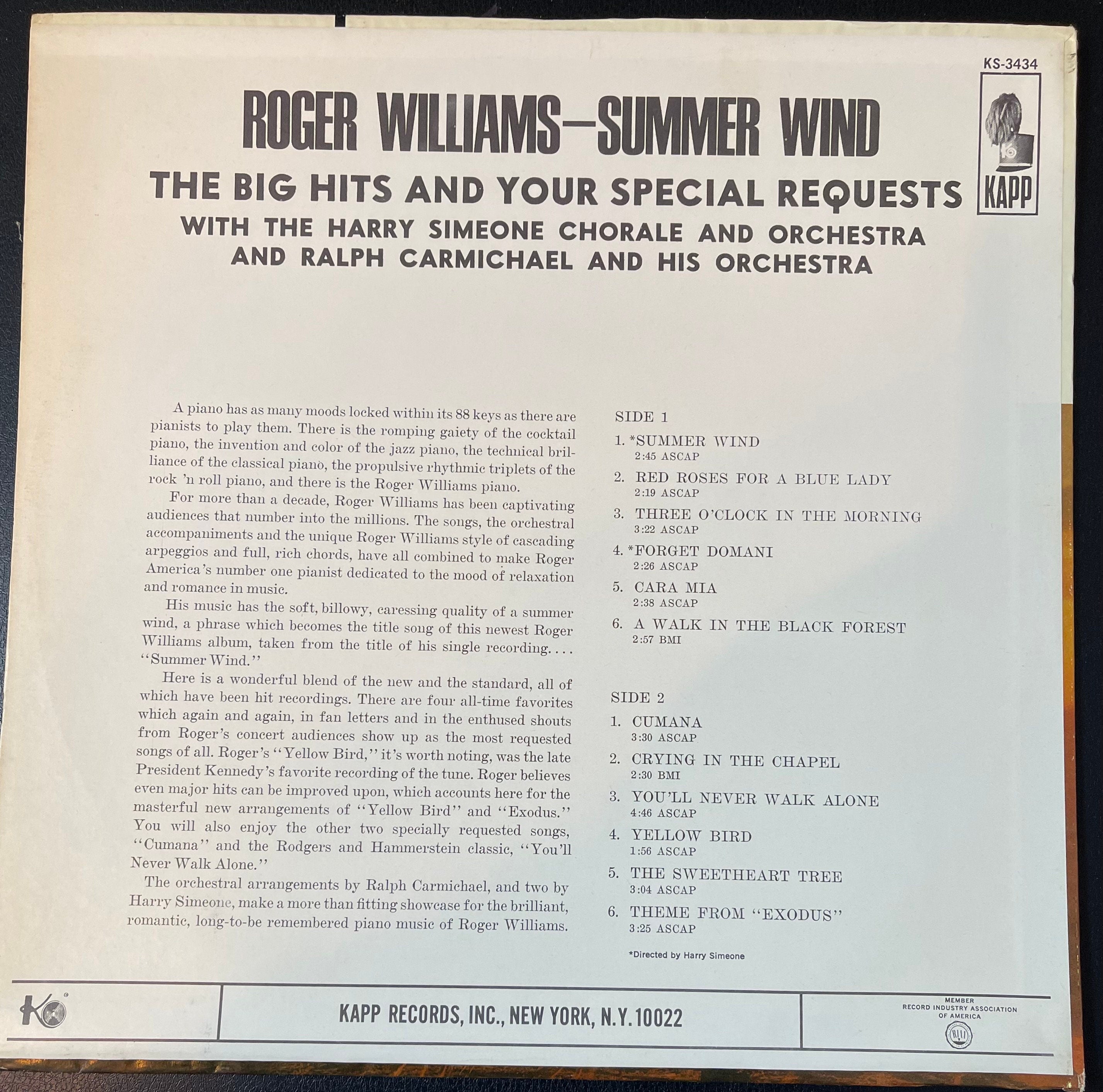 Vintage Vinyl - Roger Williams - Summer Winds and Your Special Requests - Pop/Easy Listening - KS 3434 - Kapp Records - 1965 - VG+