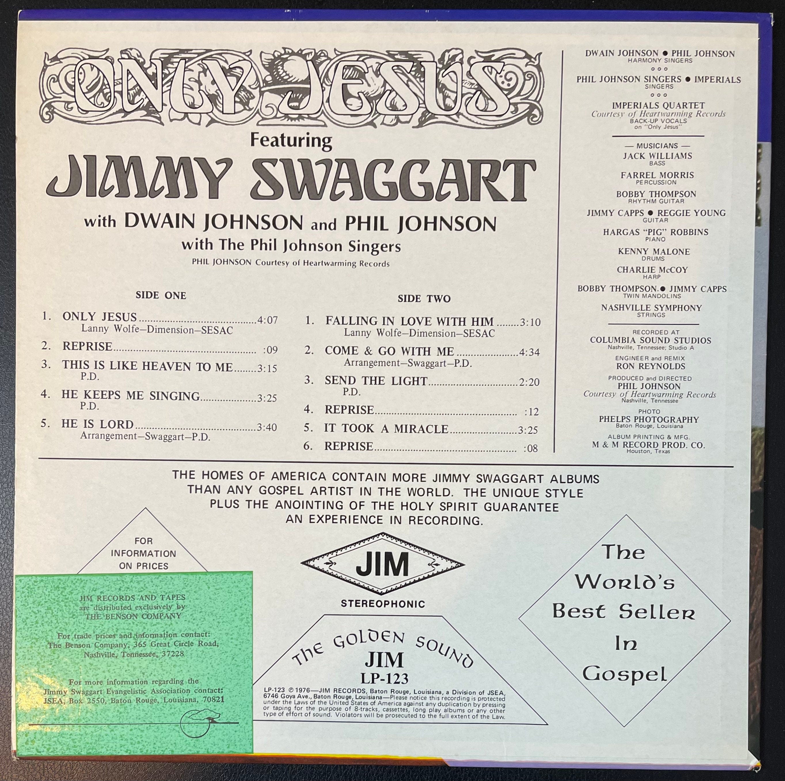 Vintage Vinyl - Jimmy Swaggart with The Phil Johnson Singers - Only Jesus - 1976 - Jim Records - JLP 123 - Southern Gospel/Religious - VG+