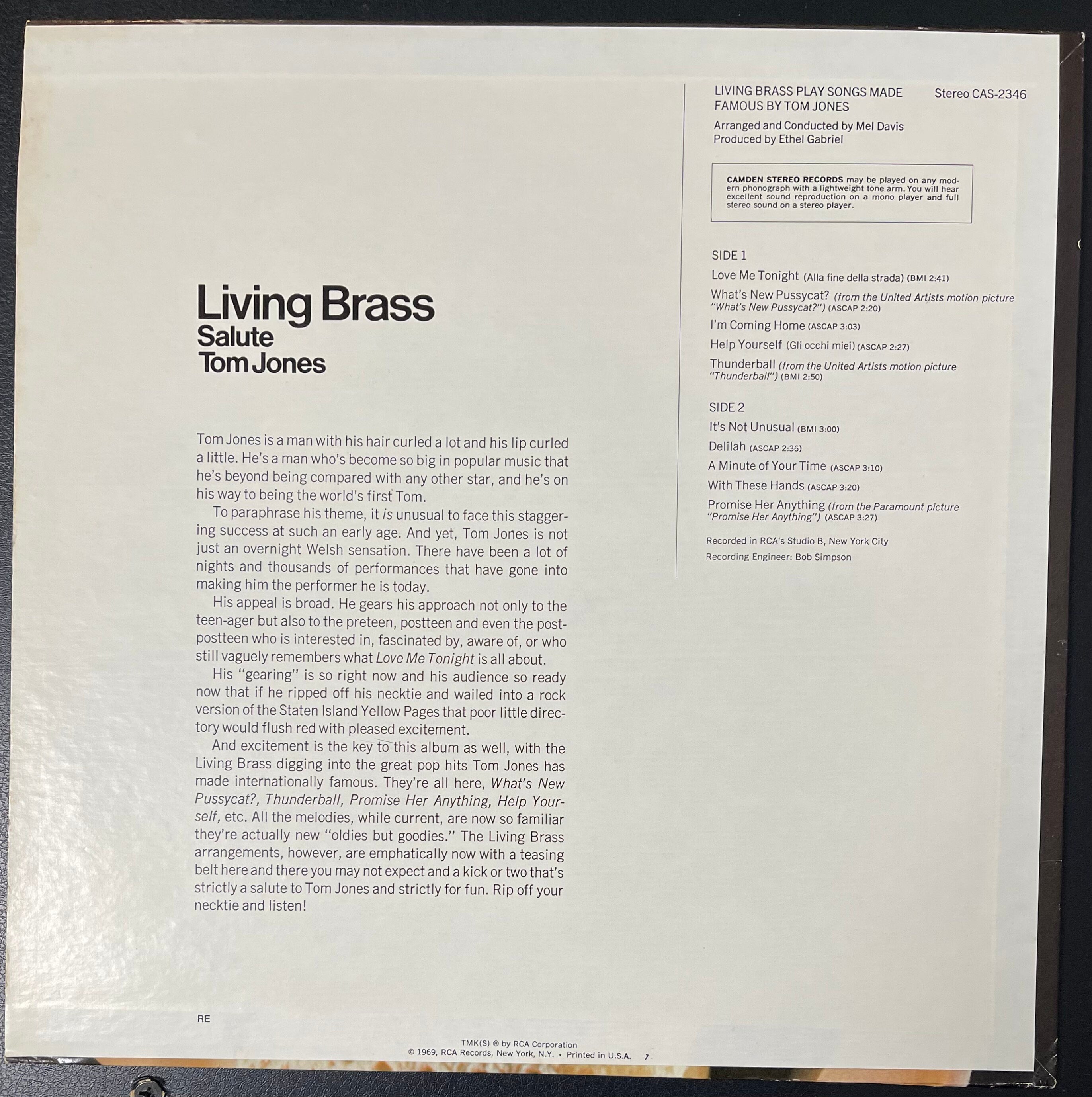 Vintage Vinyl - Living Brass - Play Songs Made Famous by Tom Jones - Jazz - Easy Listening - 1969 - RCA Camden Records - VG+ Vinyl Album