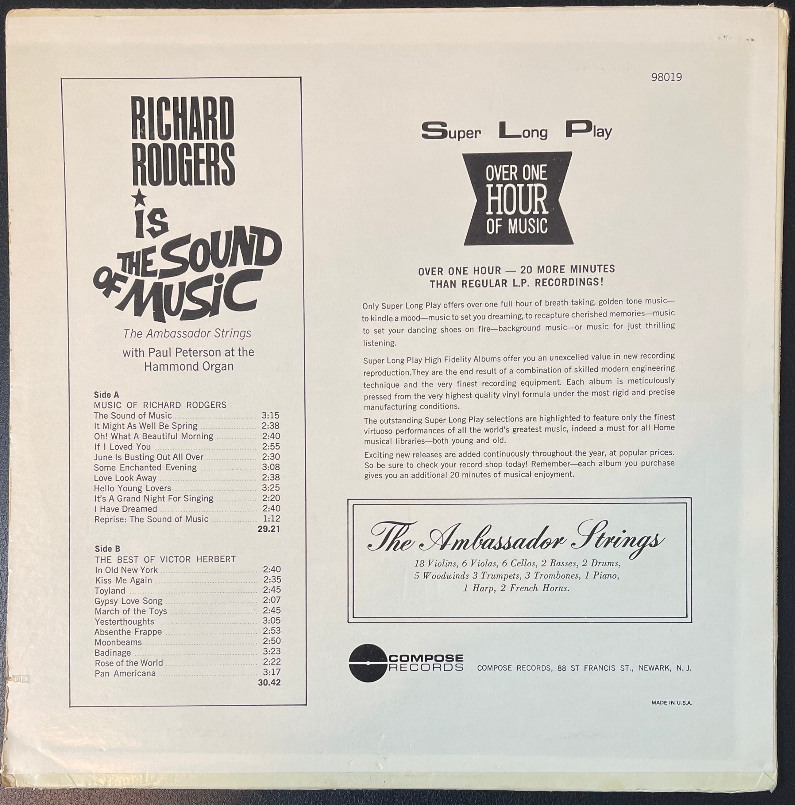 Vintage Vinyl - The Ambassador Strings - Richard Rodgers is The Sound of Music – Compose Records - S 98019 - Musical – 1960s - VG+ / Album