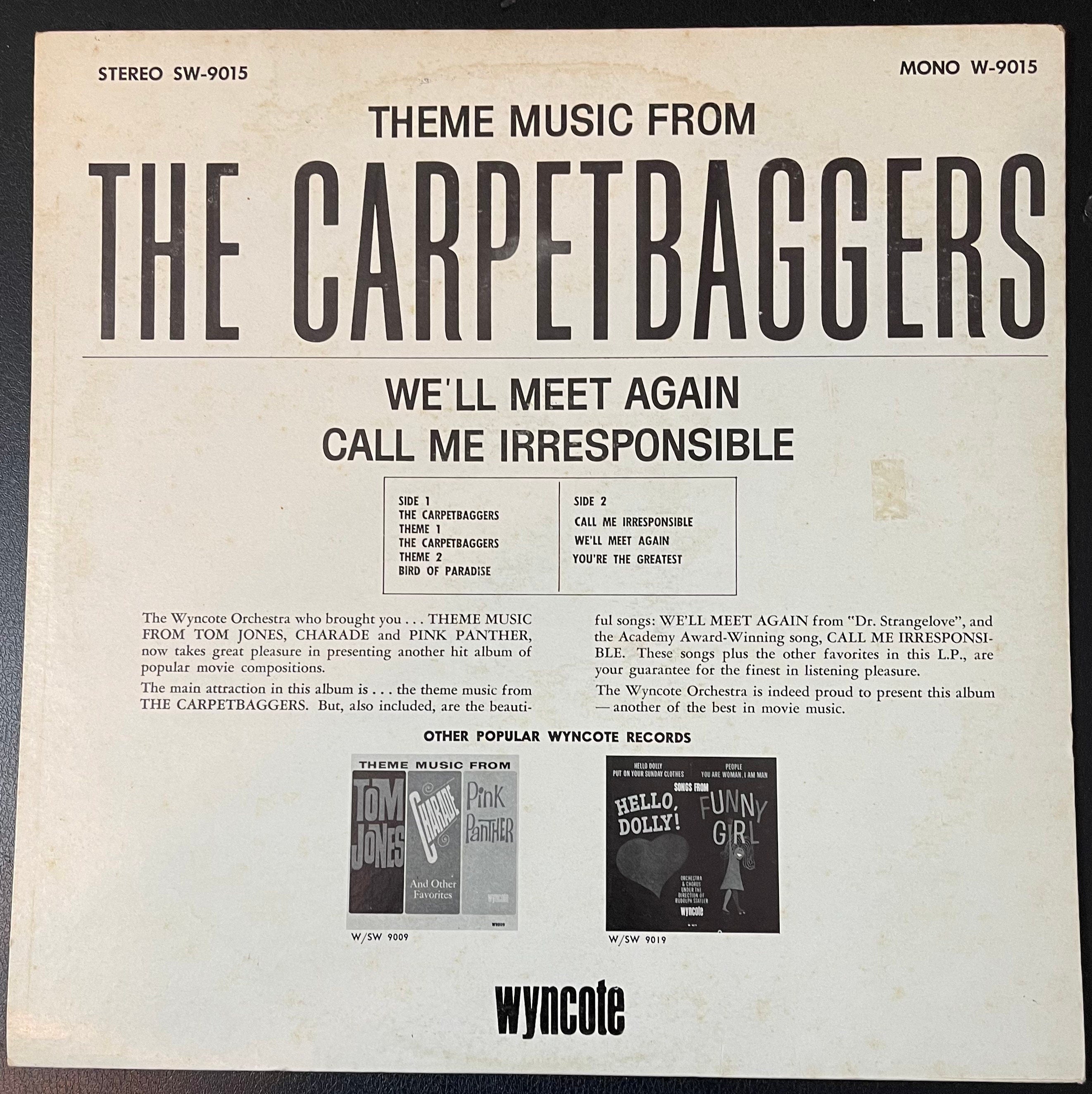 Vintage Vinyl - Theme Music from The Carpetbaggers – Wyncote - W 9015 - Stage and Screen - Musical – 1964 - VG+ / Vinyl Album