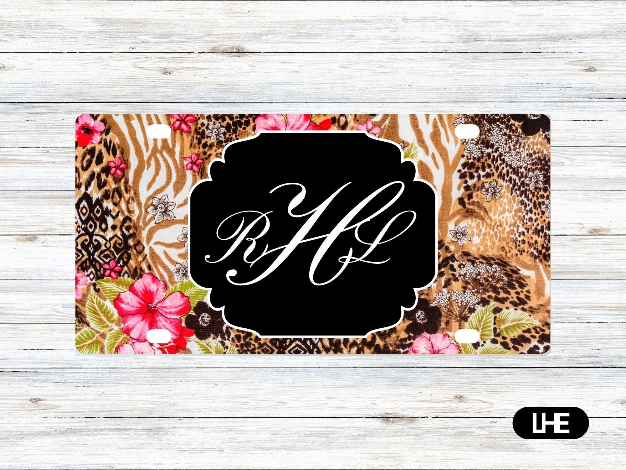 Leopard Print Car Tag – Floral Car Tag - License Plate - Personalized Car Tag - Monogram Front Plate - Personalized License -Aluminum Tag–PS