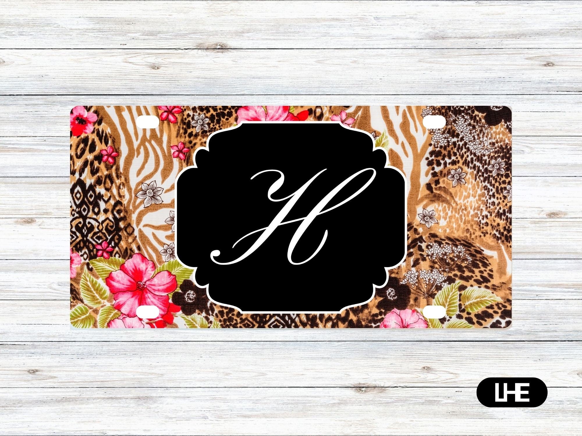 Leopard Print Car Tag – Floral Car Tag - License Plate - Personalized Car Tag - Monogram Front Plate - Personalized License -Aluminum Tag–PS