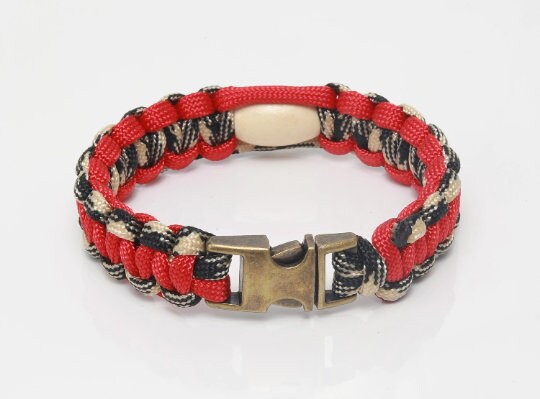 Paracord Bracelet - Red or Teal - 550 Paracord Bracelet, Wood bead - Natural,  3/8” Metal Bucket, Gift for Him, Gift for Her, Made to Order