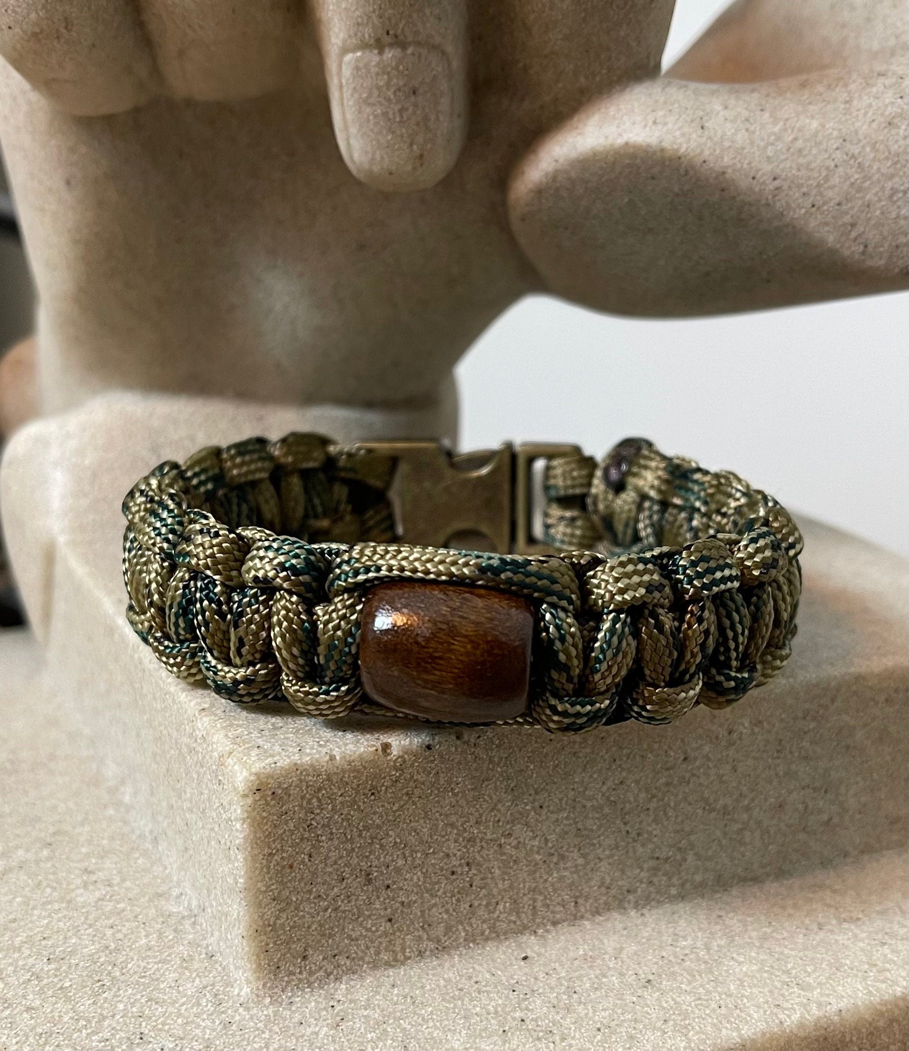 Survival Bracelet - Black or Camo - 550 Paracord Bracelet, Wood bead - Cocoa, 3/8” Metal Bucket, Unisex Gift, Made to Order