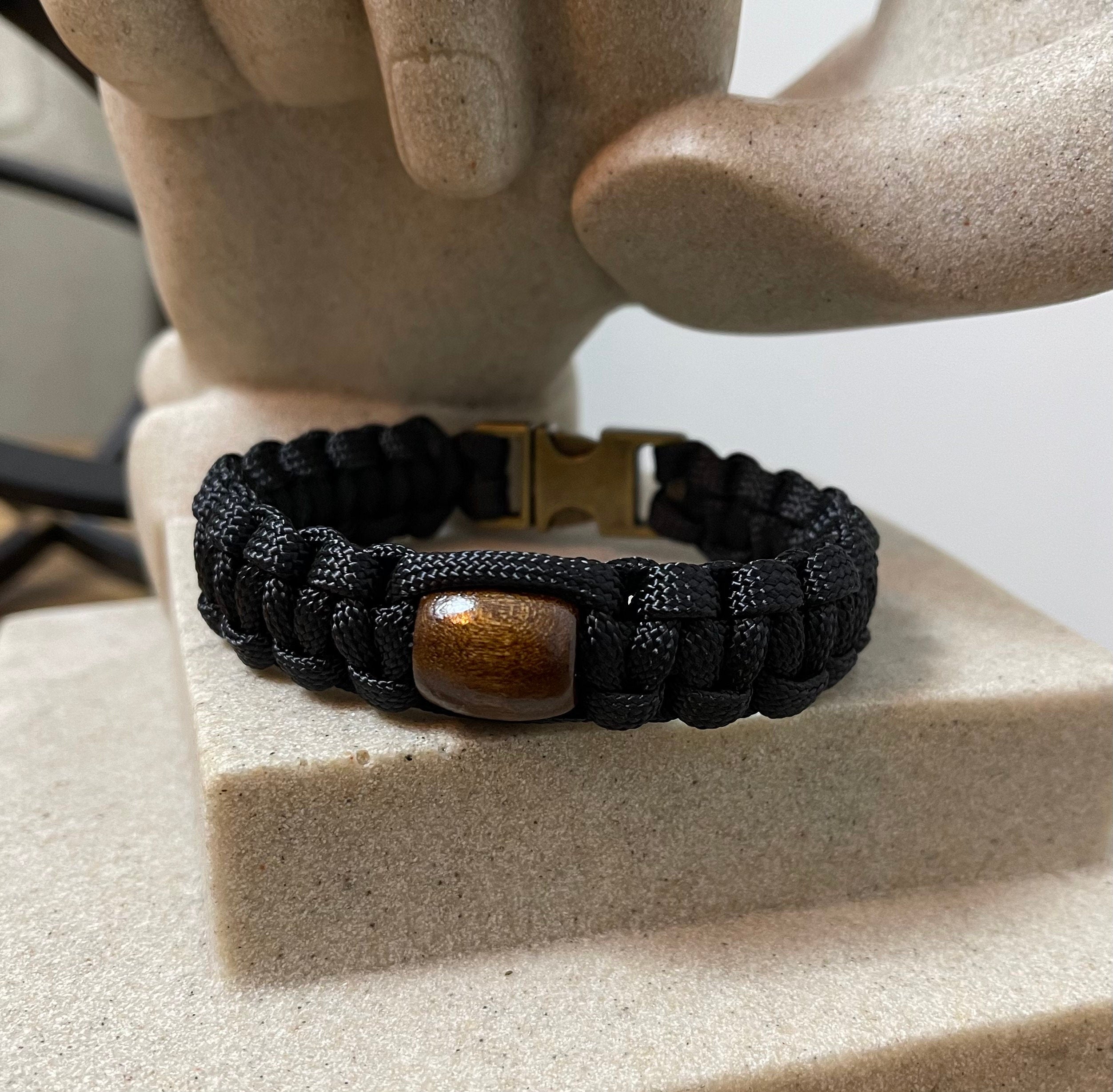 Survival Bracelet - Black or Camo - 550 Paracord Bracelet, Wood bead - Cocoa, 3/8” Metal Bucket, Unisex Gift, Made to Order