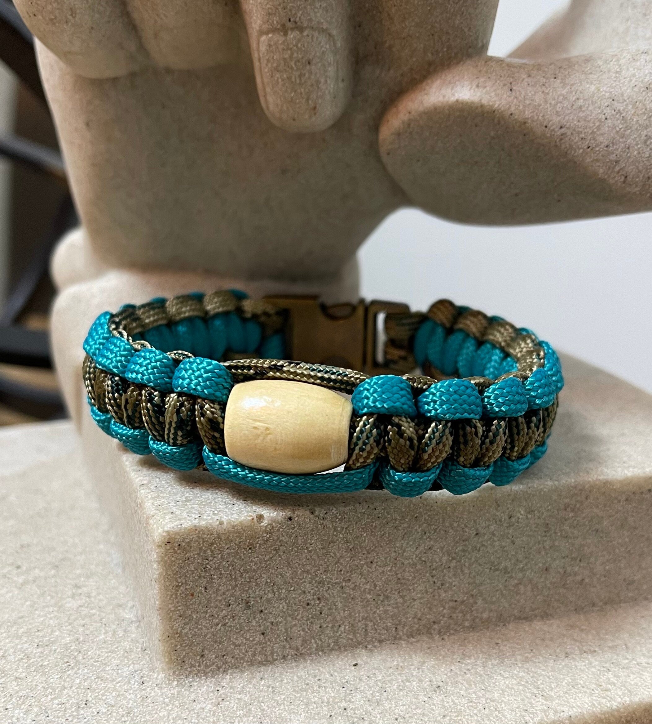 Survival Bracelet - Teal or Red - 550 Paracord Bracelet, Wood bead - Natural,  3/8” Metal Bucket, Gift for Him, Gift for Her, Made to Order