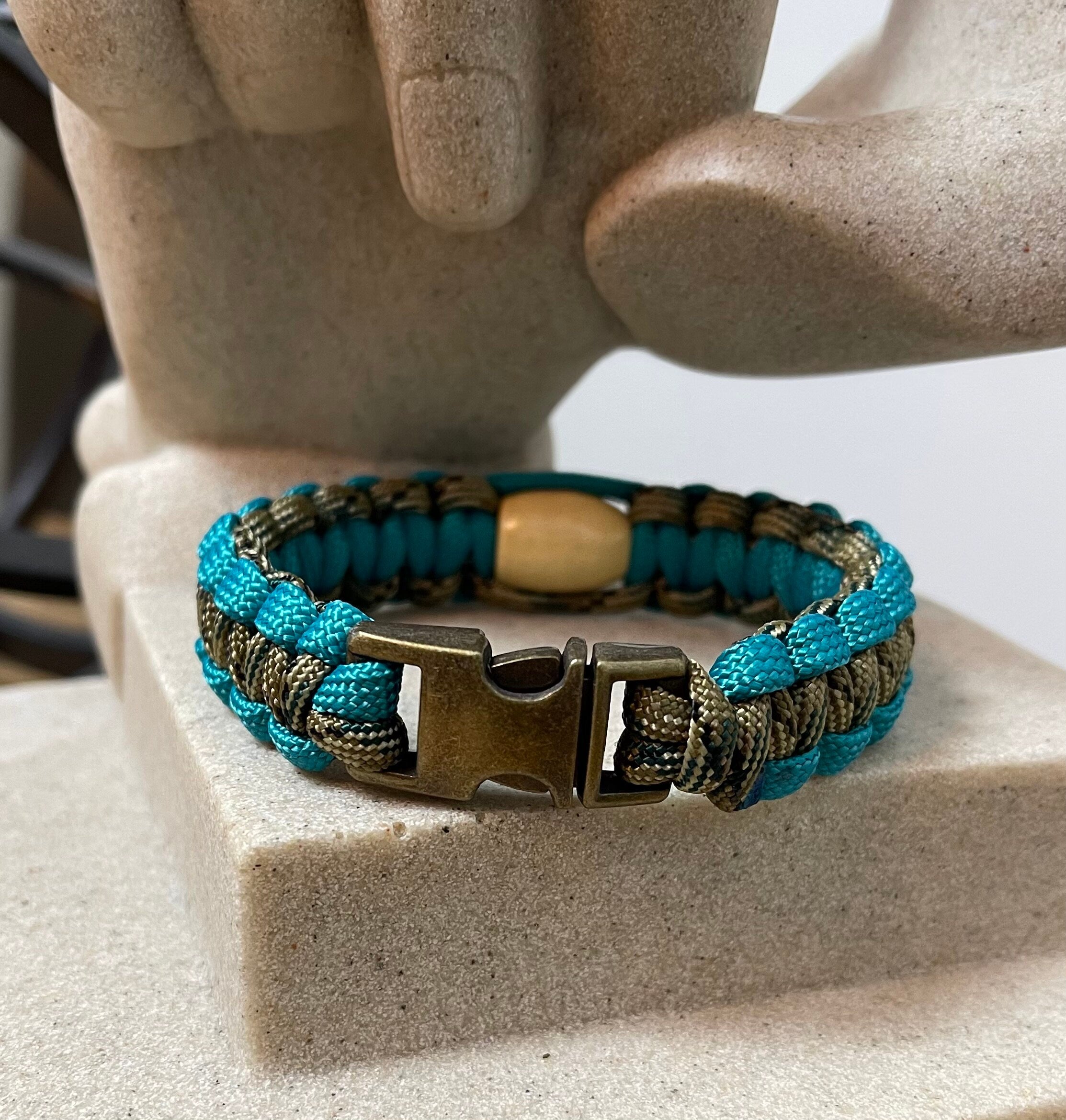 Paracord Bracelet - Red or Teal - 550 Paracord Bracelet, Wood bead - Natural,  3/8” Metal Bucket, Gift for Him, Gift for Her, Made to Order
