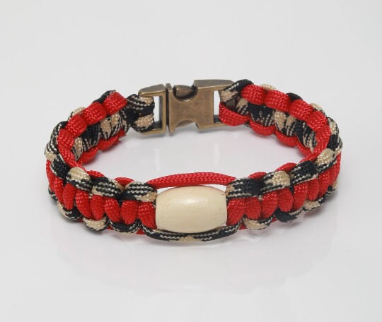 Paracord Bracelet - Red or Teal - 550 Paracord Bracelet, Wood bead - Natural,  3/8” Metal Bucket, Gift for Him, Gift for Her, Made to Order