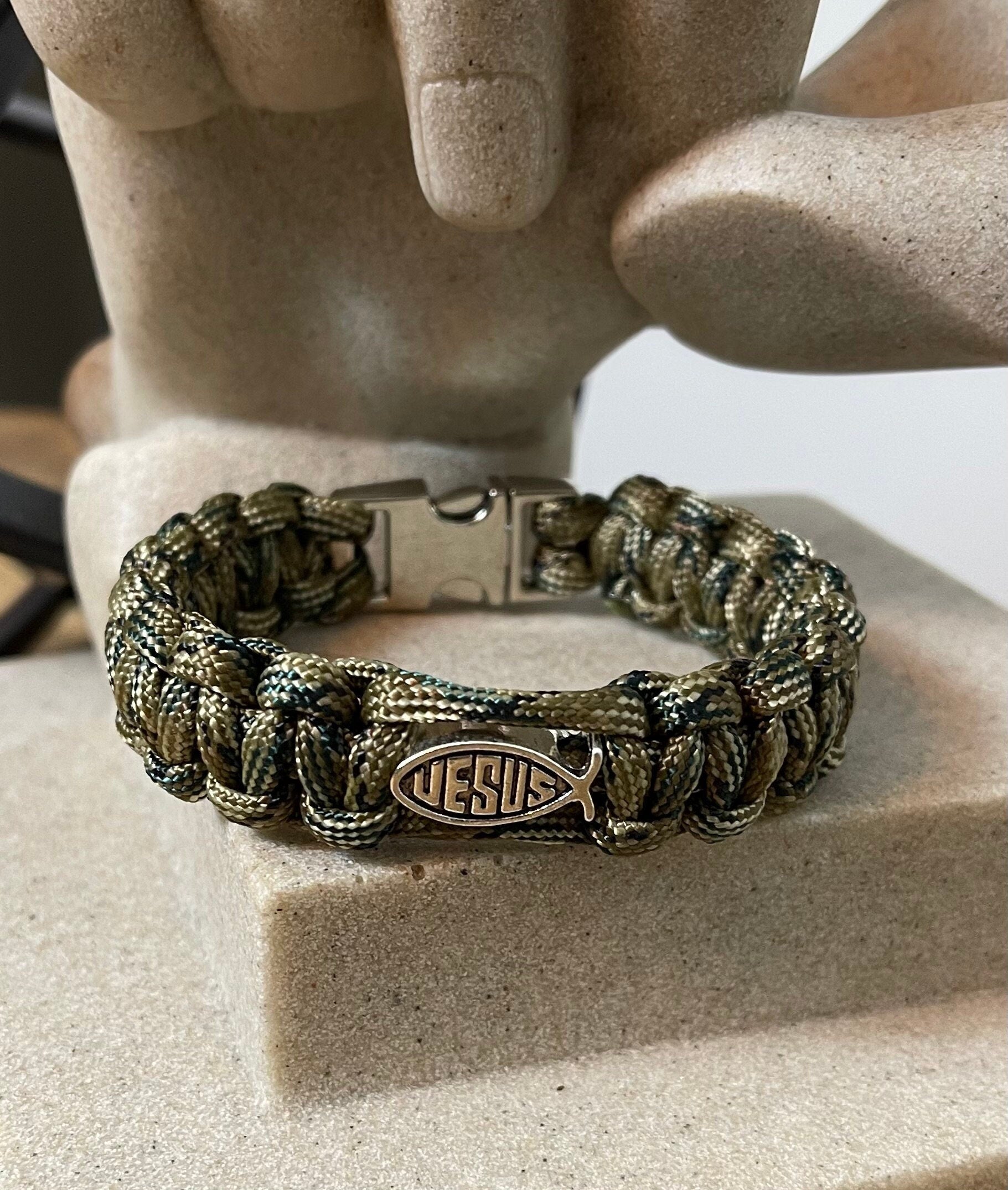 Cobra Style -Paracord Survival Bracelet- Ground Camo Color- Metal Alloy Jesus Fish Bead, Metal Bucket, Gift for Him, Gift for Her, Customize