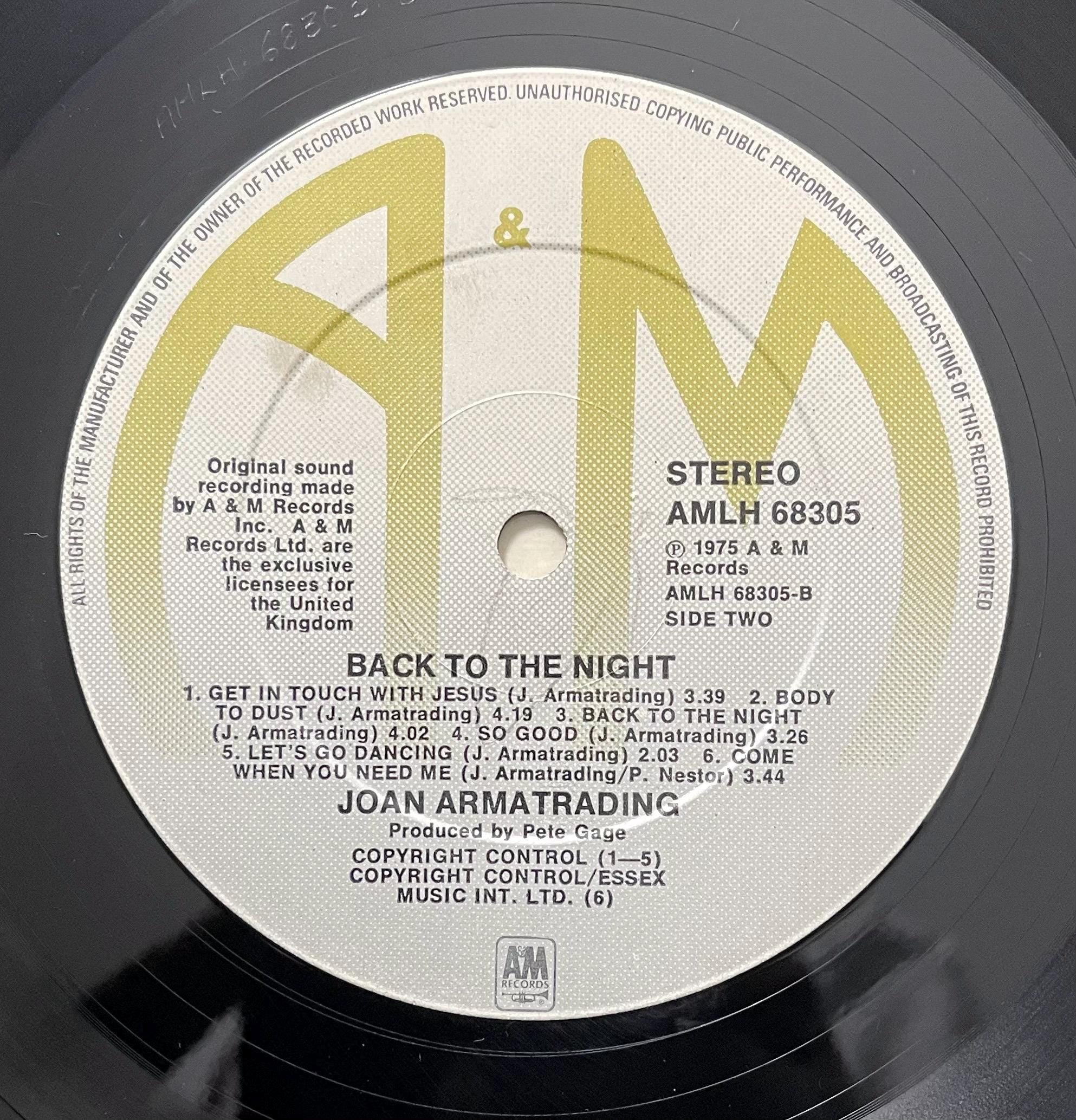 Vintage Vinyl - Joan Armatrading - Back To The Night - Rock/Soul/Funk - A&M Records - 1975 - (AMLH 68305) VG+