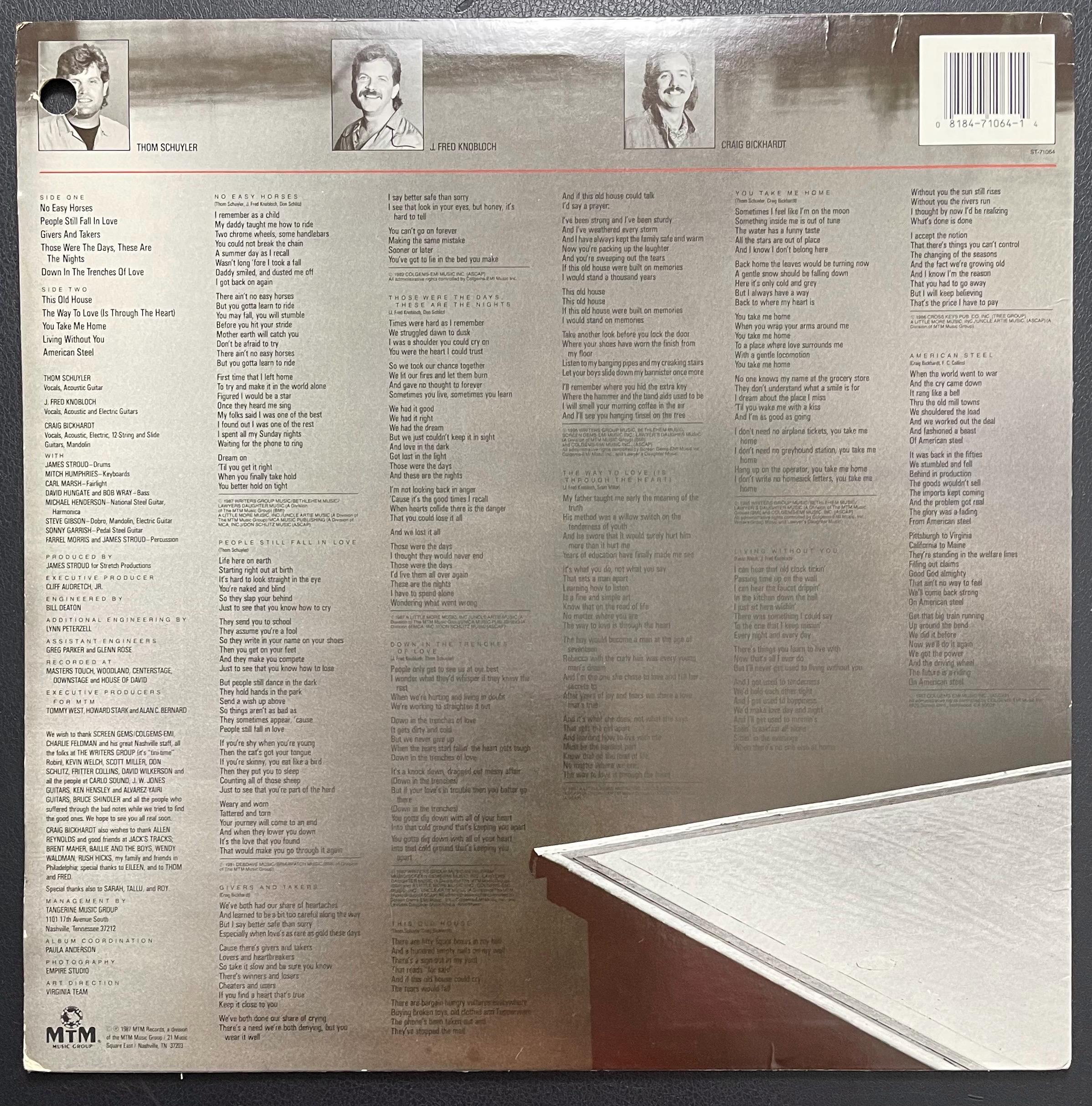 Vintage Vinyl -  Schuyler, Knobloch, and Bickhardt - No Easy Horses - Rock/Folk/Country - MTM Records - 1987 - (ST-71064) VG+