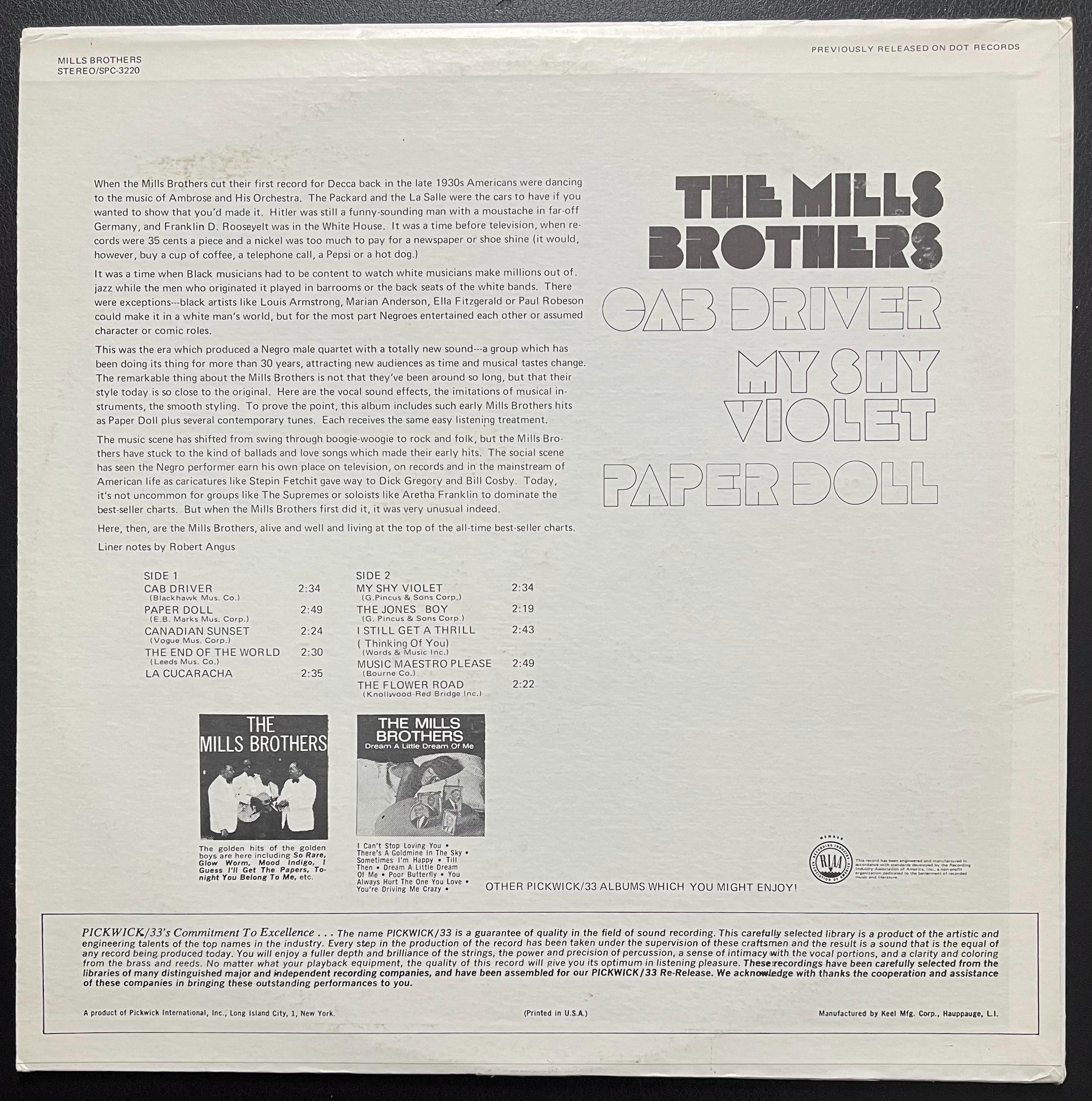 Vintage Vinyl -  The Mills Brothers - Paper Doll - Jazz/Easy Listening - Pickwick Records - 1971 - (SPC-3220) VG+