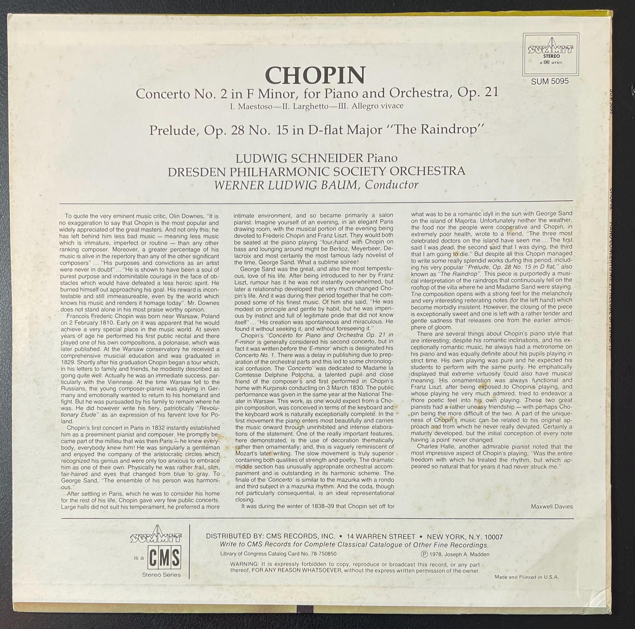 Vintage Vinyl - Chopin Concerto No.2 - Werner Ludwig Baum - Summit Records - Classical – 1978 - VG+ / Vinyl Album